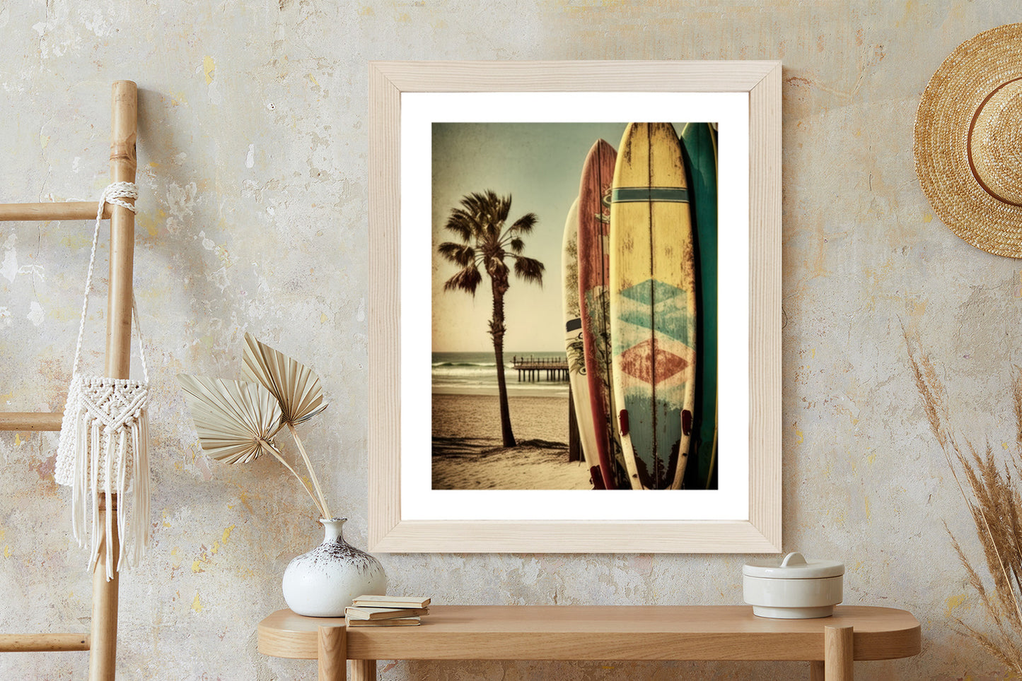 Poster Flecken Und Surfbretter In Vintage-Tönen Rahmen Holz Mit Passepartout Farbe Natürlich