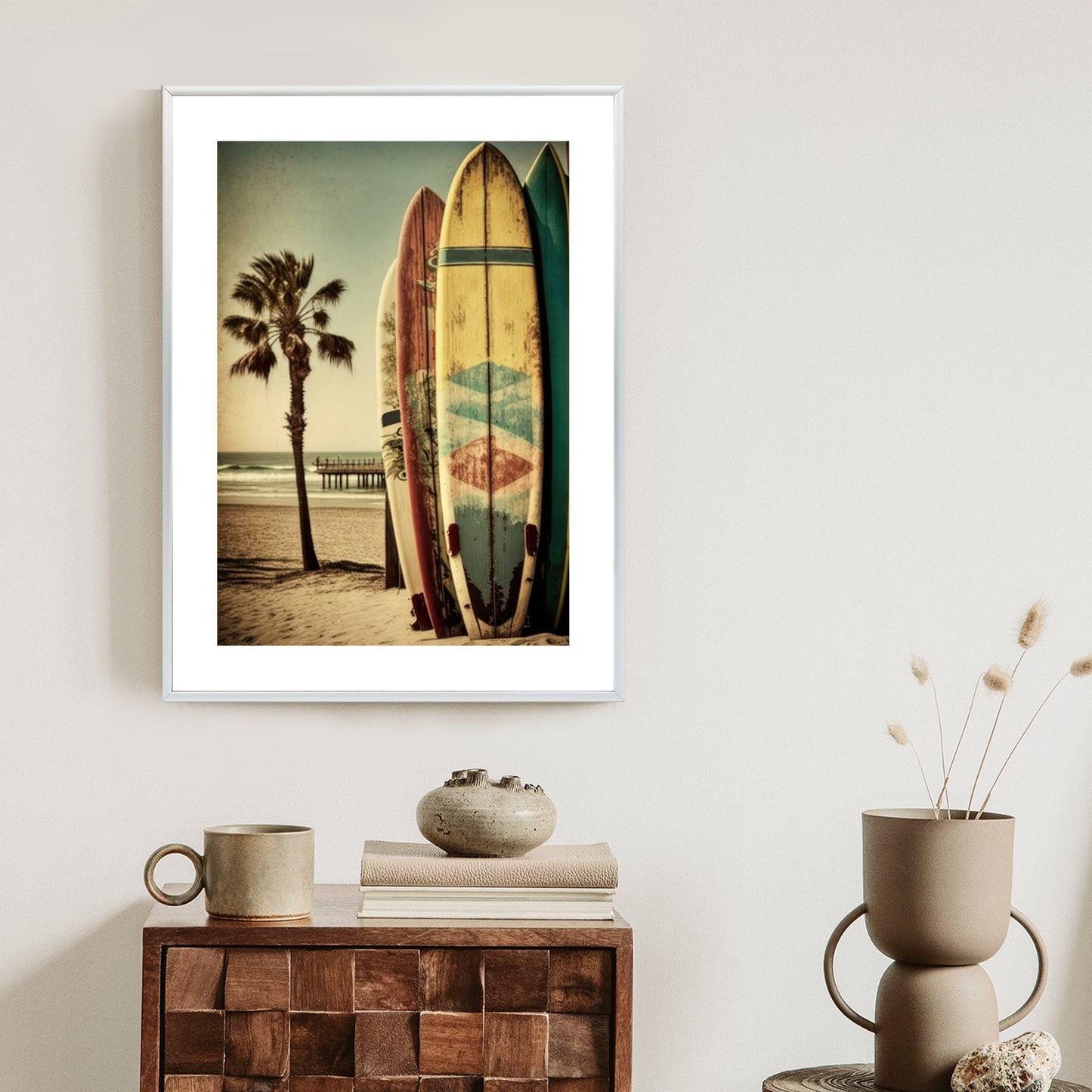 Poster Flecken Und Surfbretter In Vintage-Tönen Rahmen Holz Mit Passepartout Farbe Natürlich
