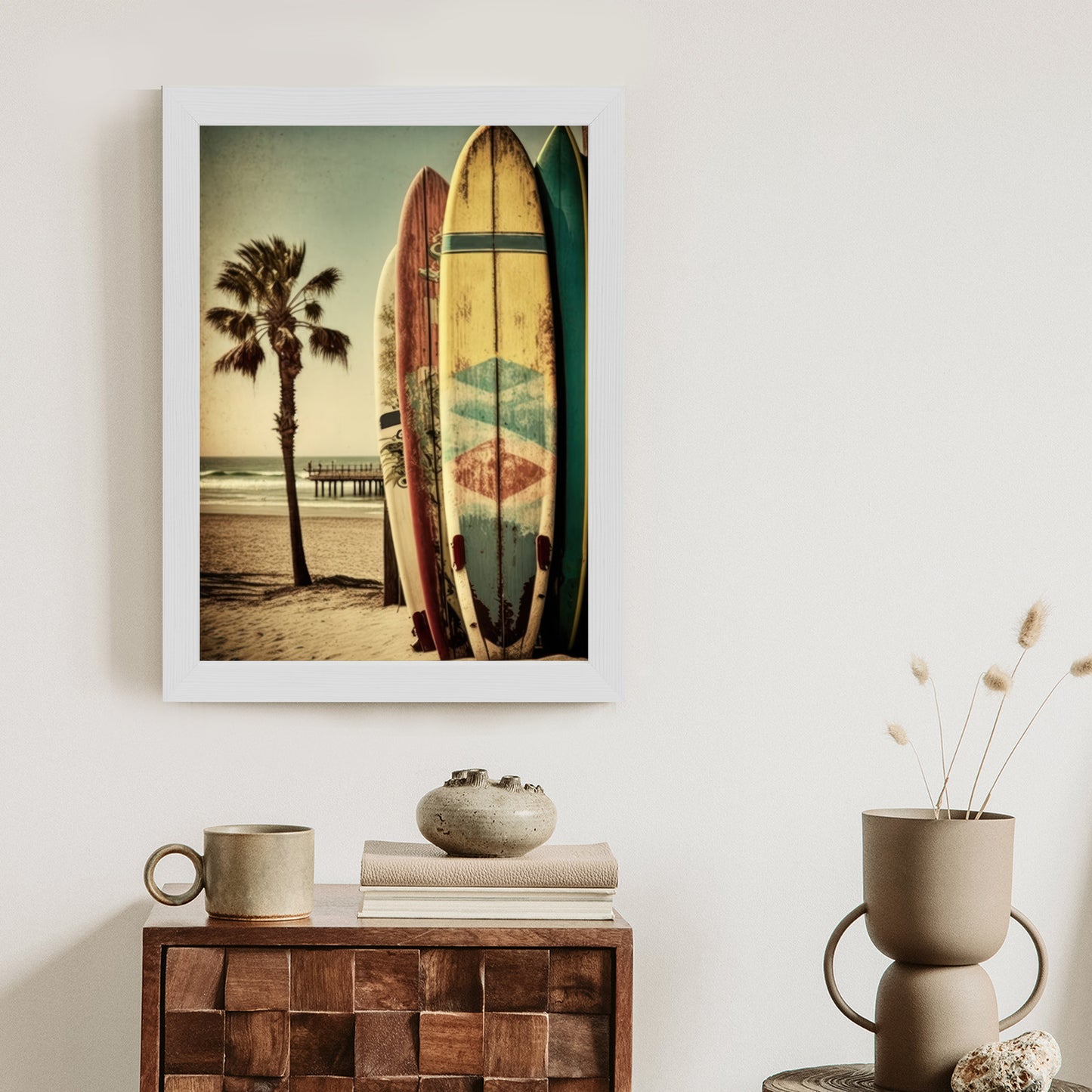 Poster Flecken Und Surfbretter In Vintage-Tönen Rahmen Holz Mit Passepartout Farbe Natürlich