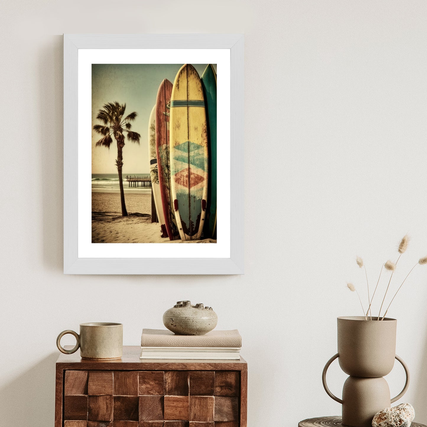 Poster Flecken Und Surfbretter In Vintage-Tönen Rahmen Holz Mit Passepartout Farbe Natürlich