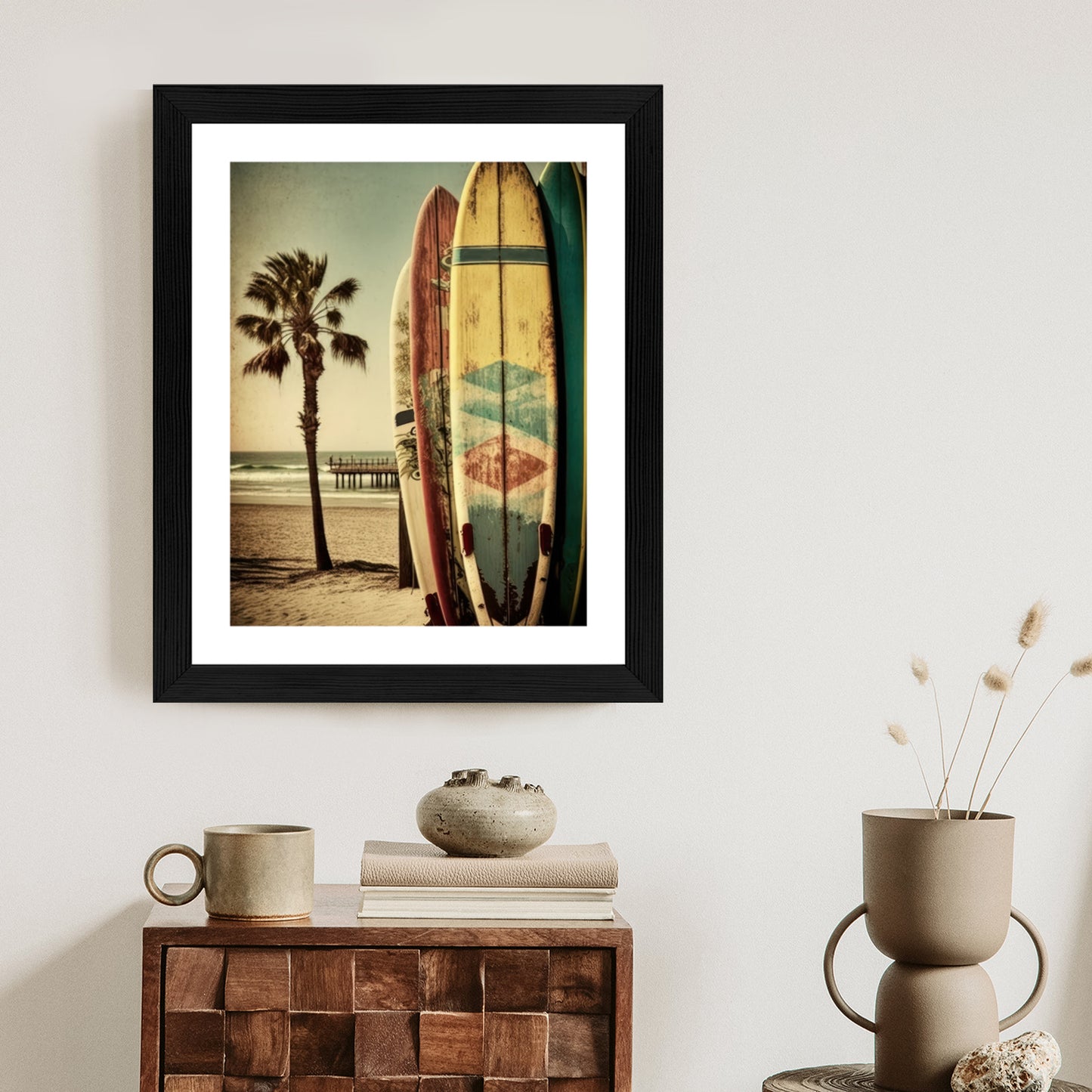 Poster Flecken Und Surfbretter In Vintage-Tönen Rahmen Holz Mit Passepartout Farbe Natürlich
