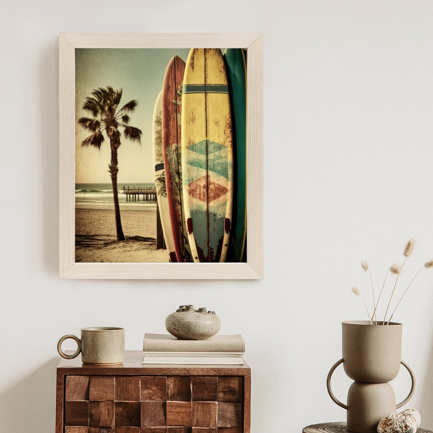 Poster Flecken Und Surfbretter In Vintage-Tönen Rahmen Holz Mit Passepartout Farbe Natürlich