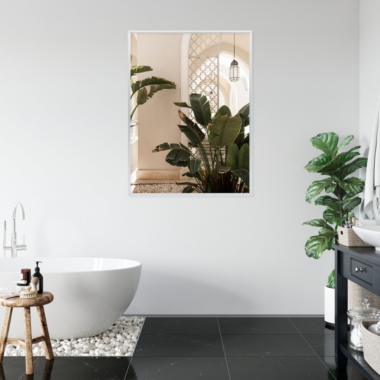 Poster Palmen Am Eingang Eines Weißen Orientalischen Hauses Rahmen Holz Mit Passepartout Farbe Natürlich