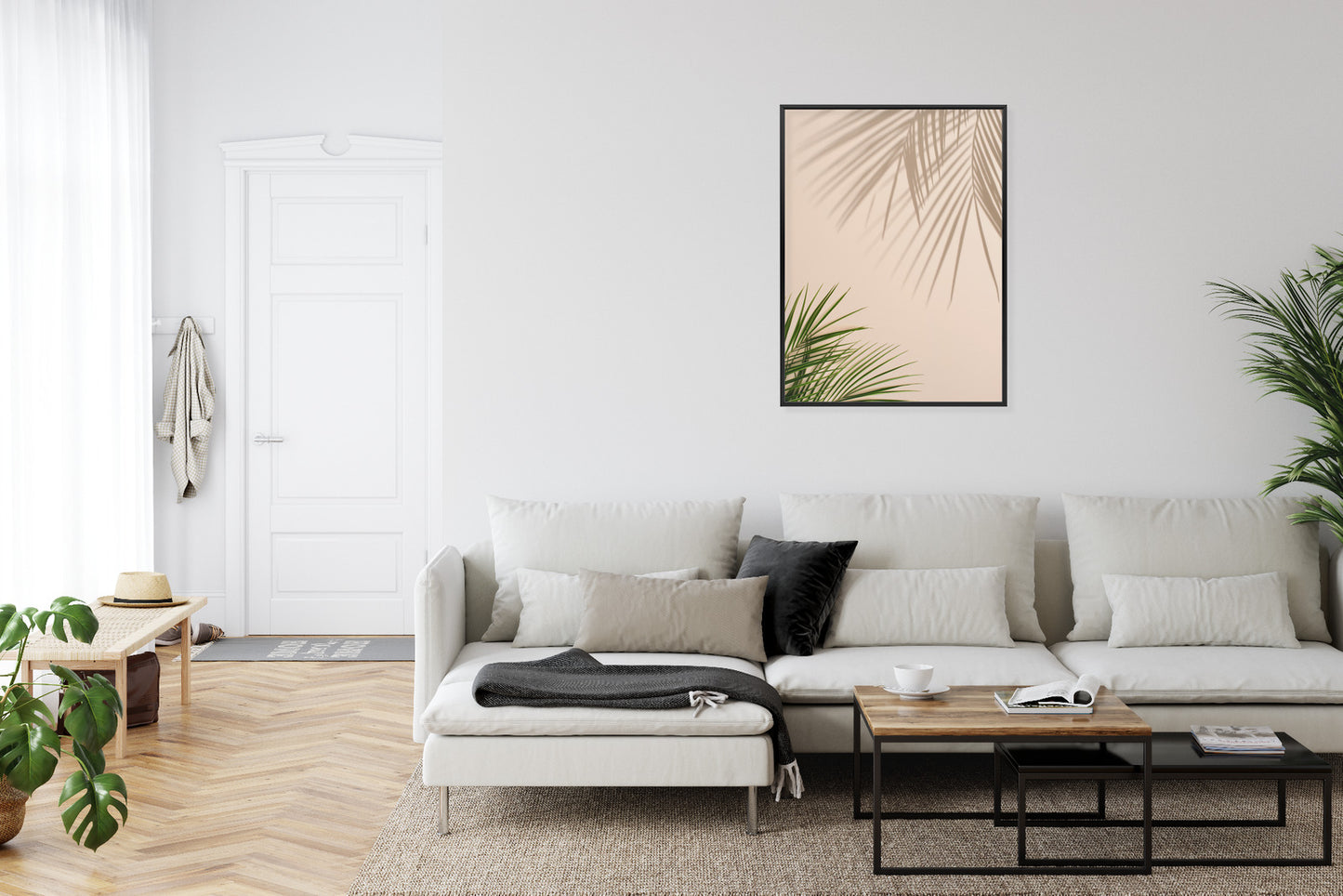 Poster Sommer Natürliche Grüne Palmblätter Und Schatten Rahmen Aluminium Farbe Schwarz