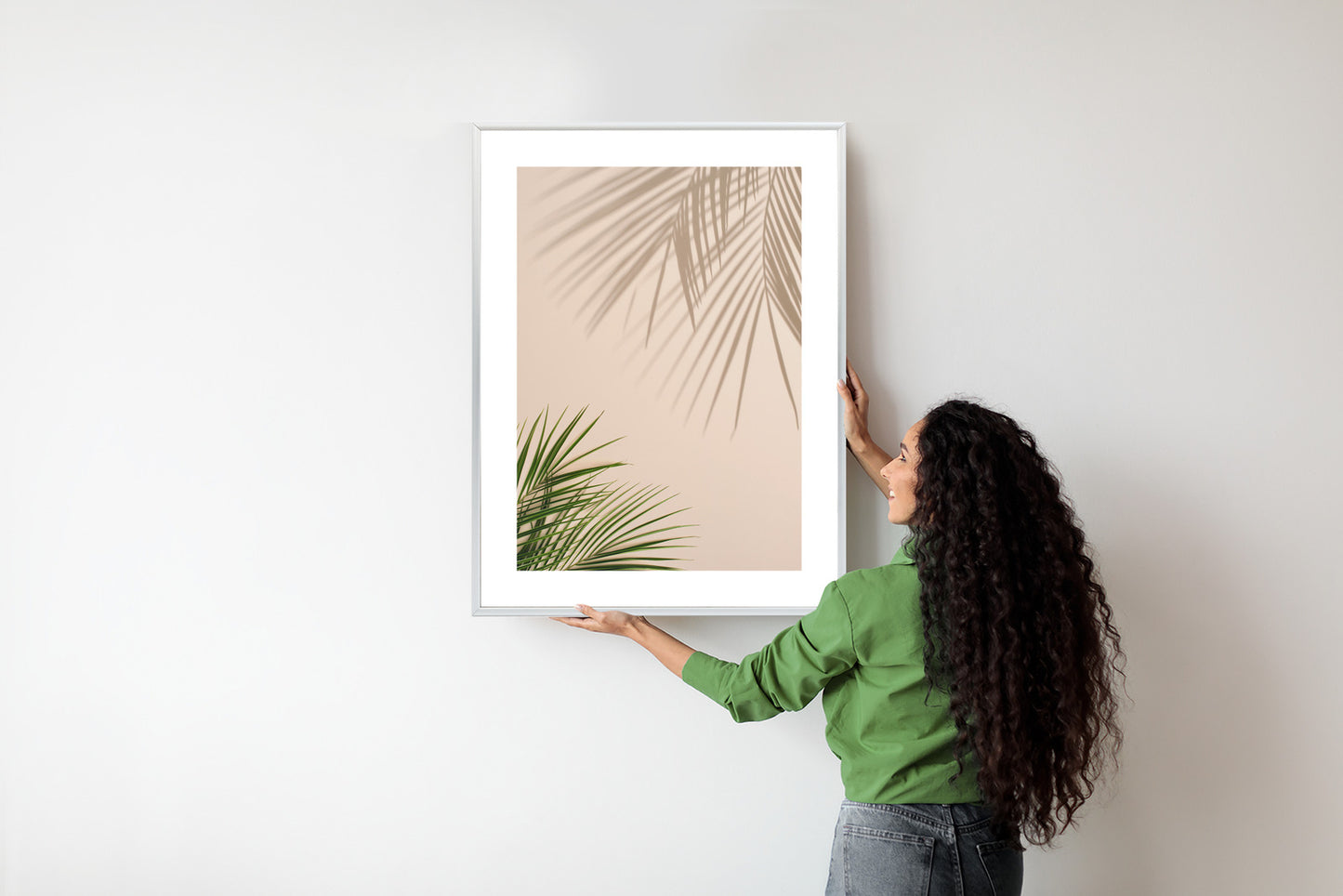 Poster Sommer Natürliche Grüne Palmblätter Und Schatten Rahmen Aluminium Farbe Schwarz