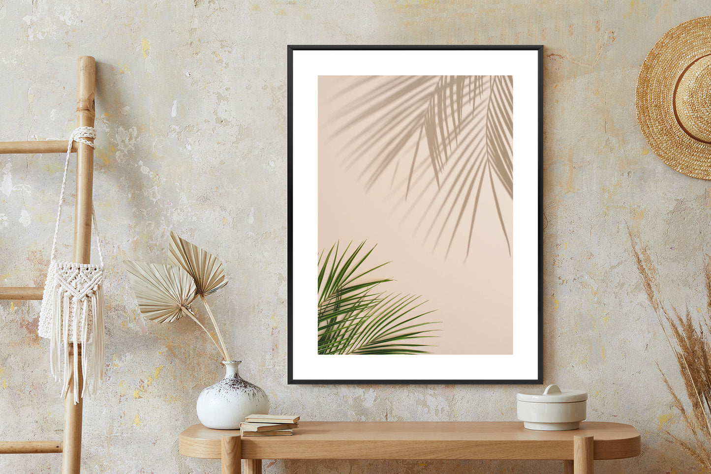 Poster Sommer Natürliche Grüne Palmblätter Und Schatten Rahmen Aluminium Farbe Schwarz