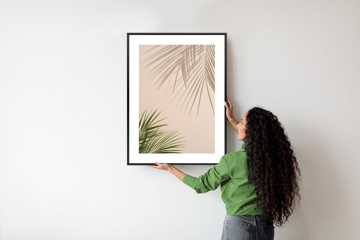 Poster Sommer Natürliche Grüne Palmblätter Und Schatten Rahmen Aluminium Farbe Schwarz