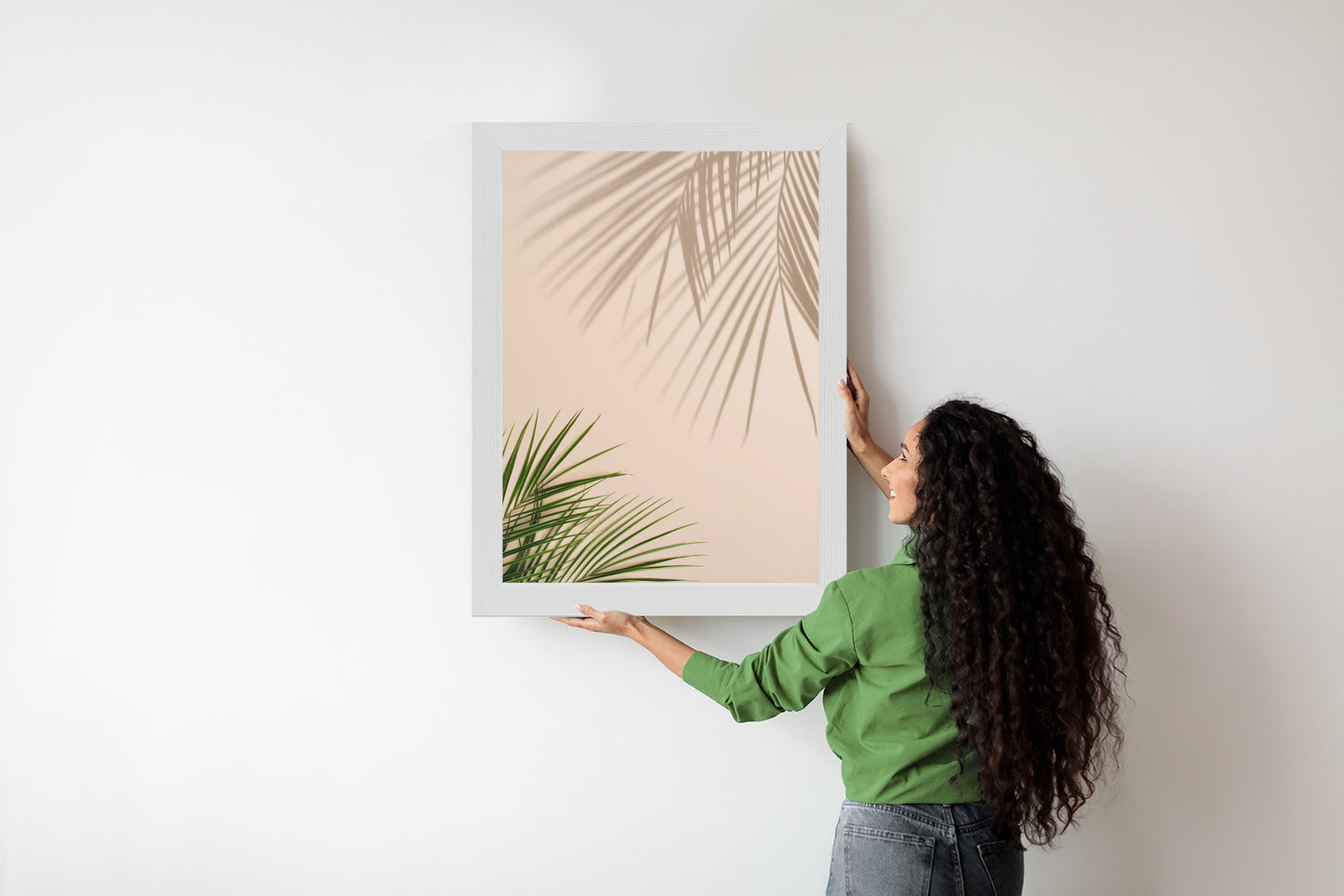 Poster Sommer Natürliche Grüne Palmblätter Und Schatten Rahmen Aluminium Farbe Schwarz