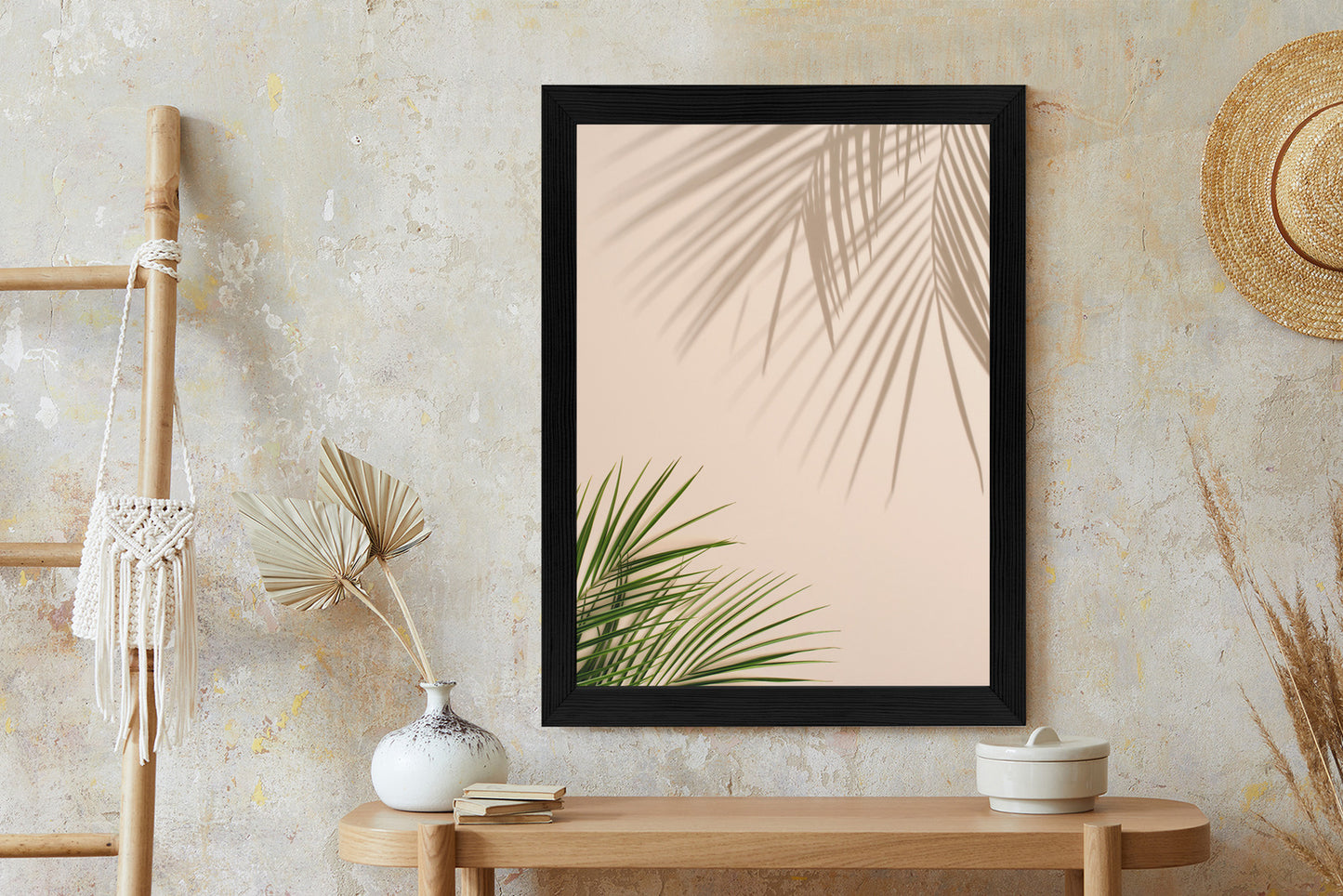 Poster Sommer Natürliche Grüne Palmblätter Und Schatten Rahmen Aluminium Farbe Schwarz