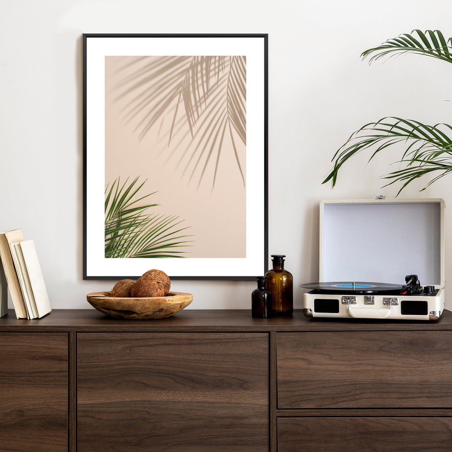 Poster Sommer Natürliche Grüne Palmblätter Und Schatten Rahmen Aluminium Farbe Schwarz
