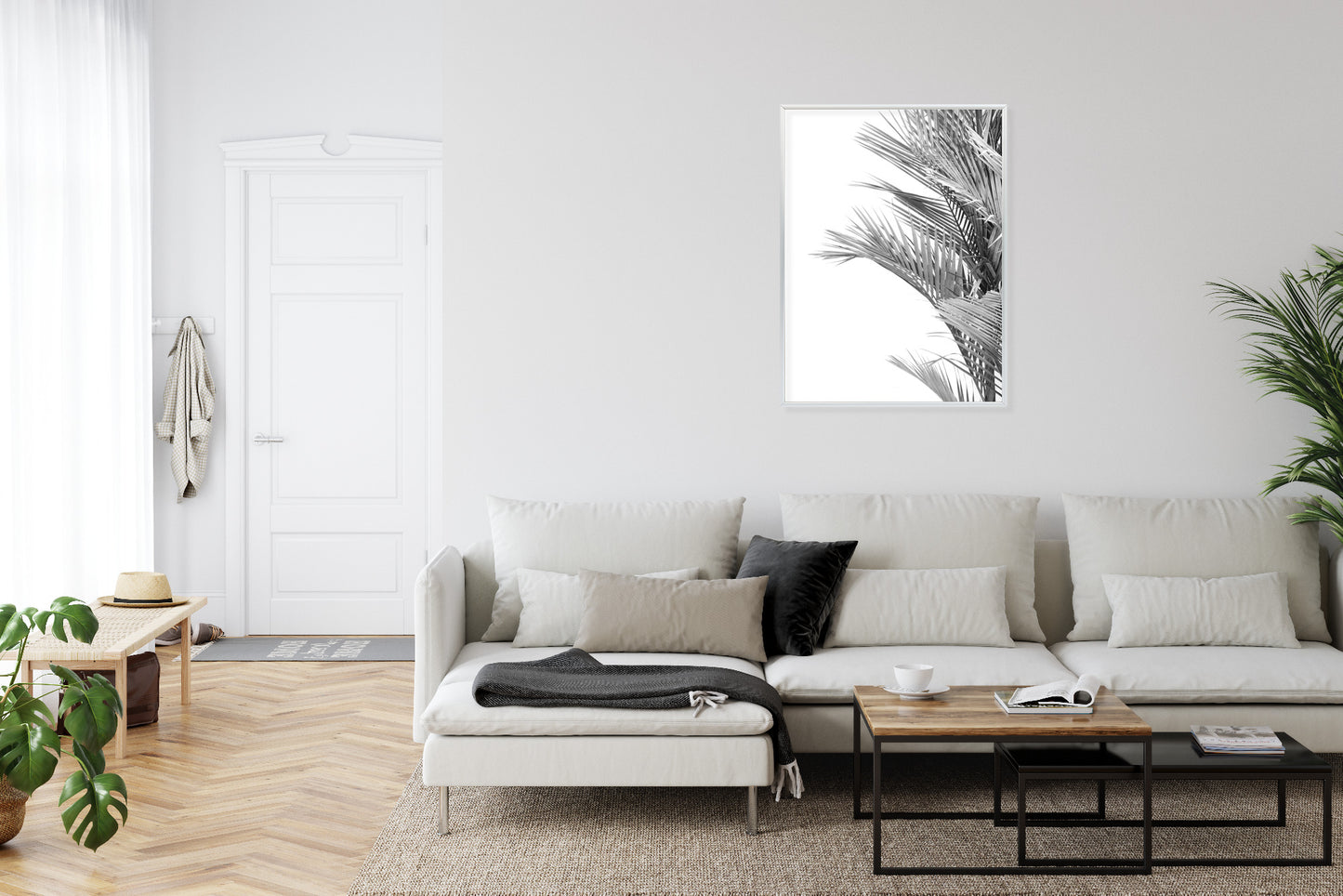 Poster Schwarze Und Weiße Palmblätter Rahmen Holz Mit Passepartout Farbe Natürlich