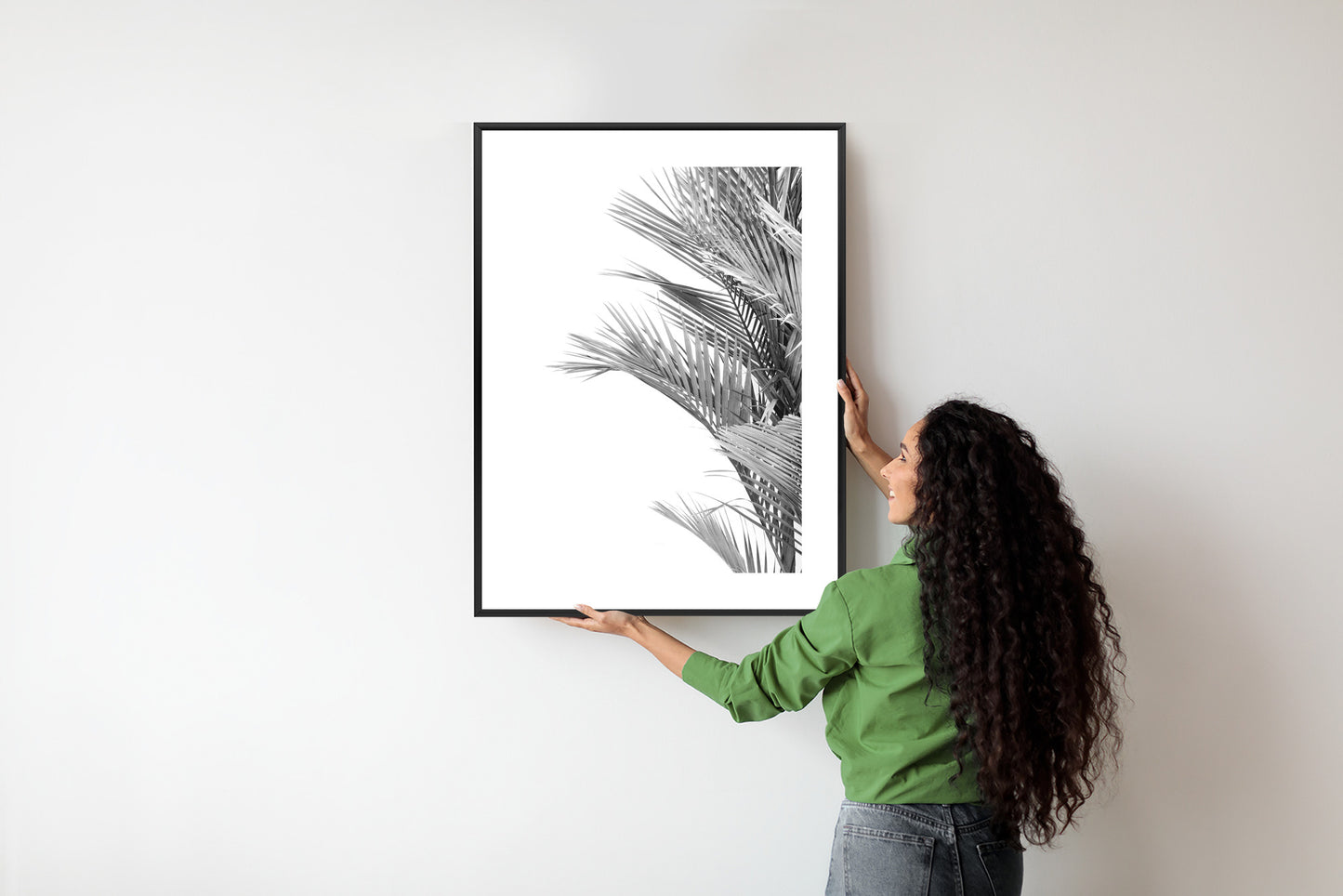 Poster Schwarze Und Weiße Palmblätter Rahmen Holz Mit Passepartout Farbe Natürlich