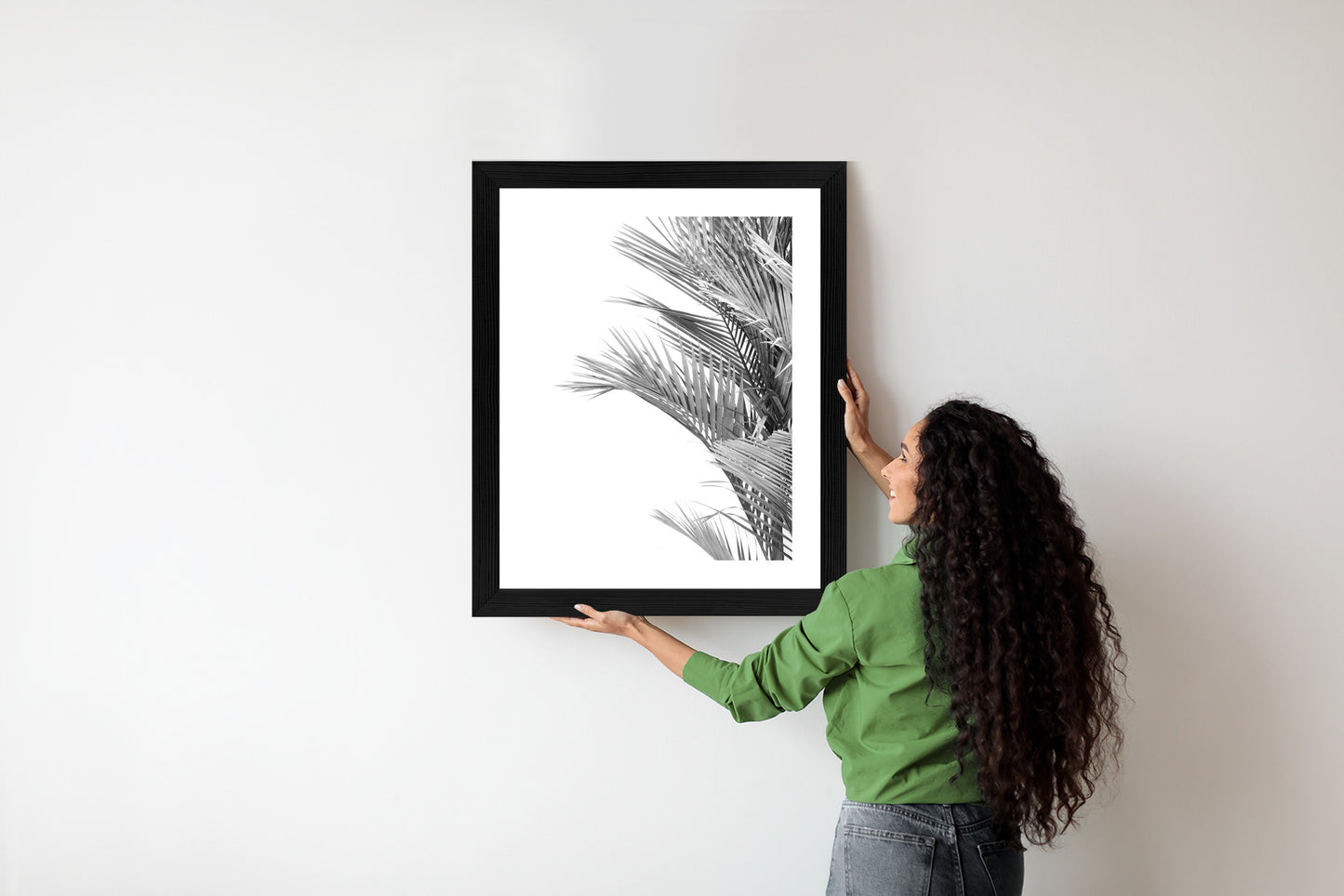 Poster Schwarze Und Weiße Palmblätter Rahmen Holz Mit Passepartout Farbe Natürlich
