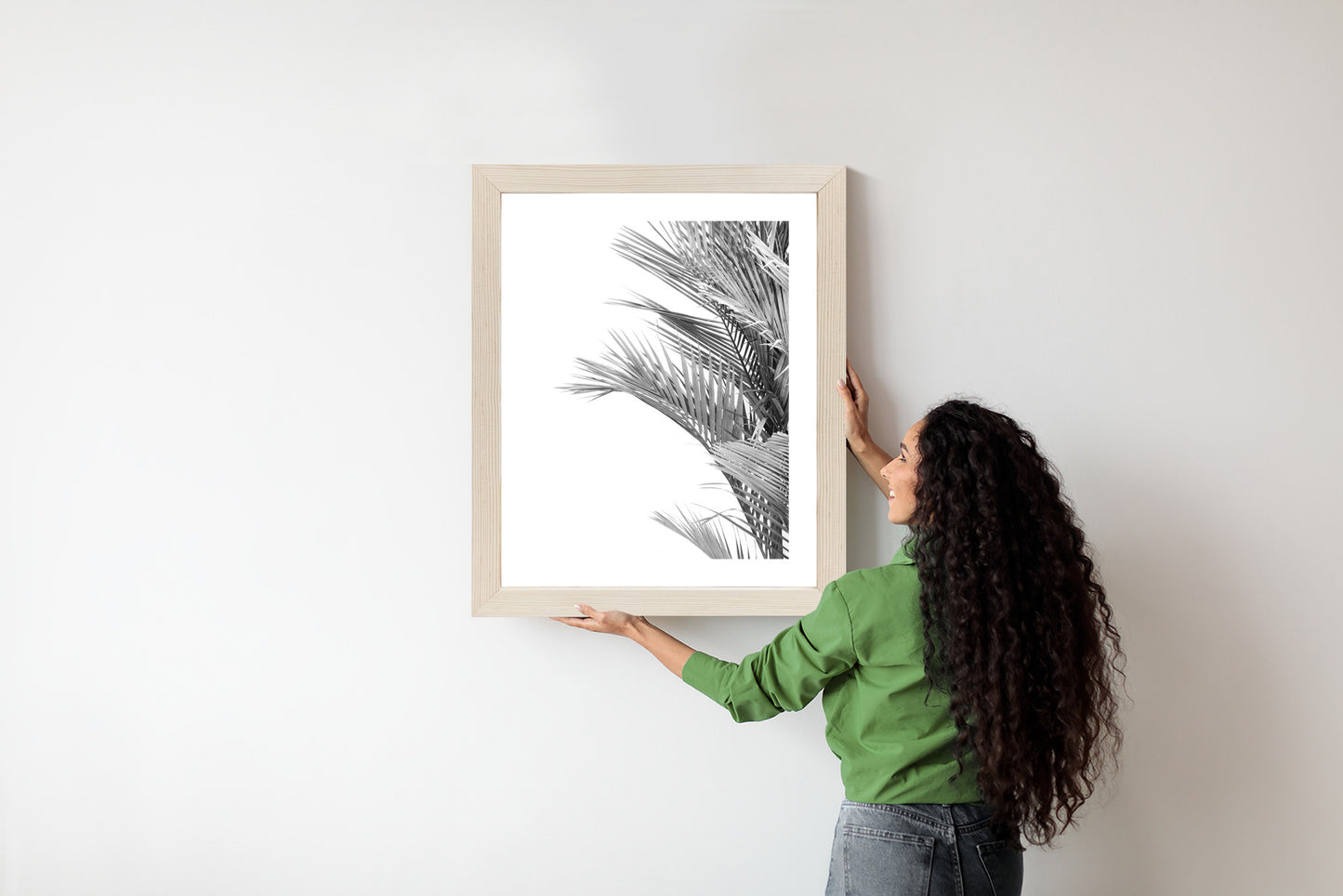 Poster Schwarze Und Weiße Palmblätter Rahmen Holz Mit Passepartout Farbe Natürlich
