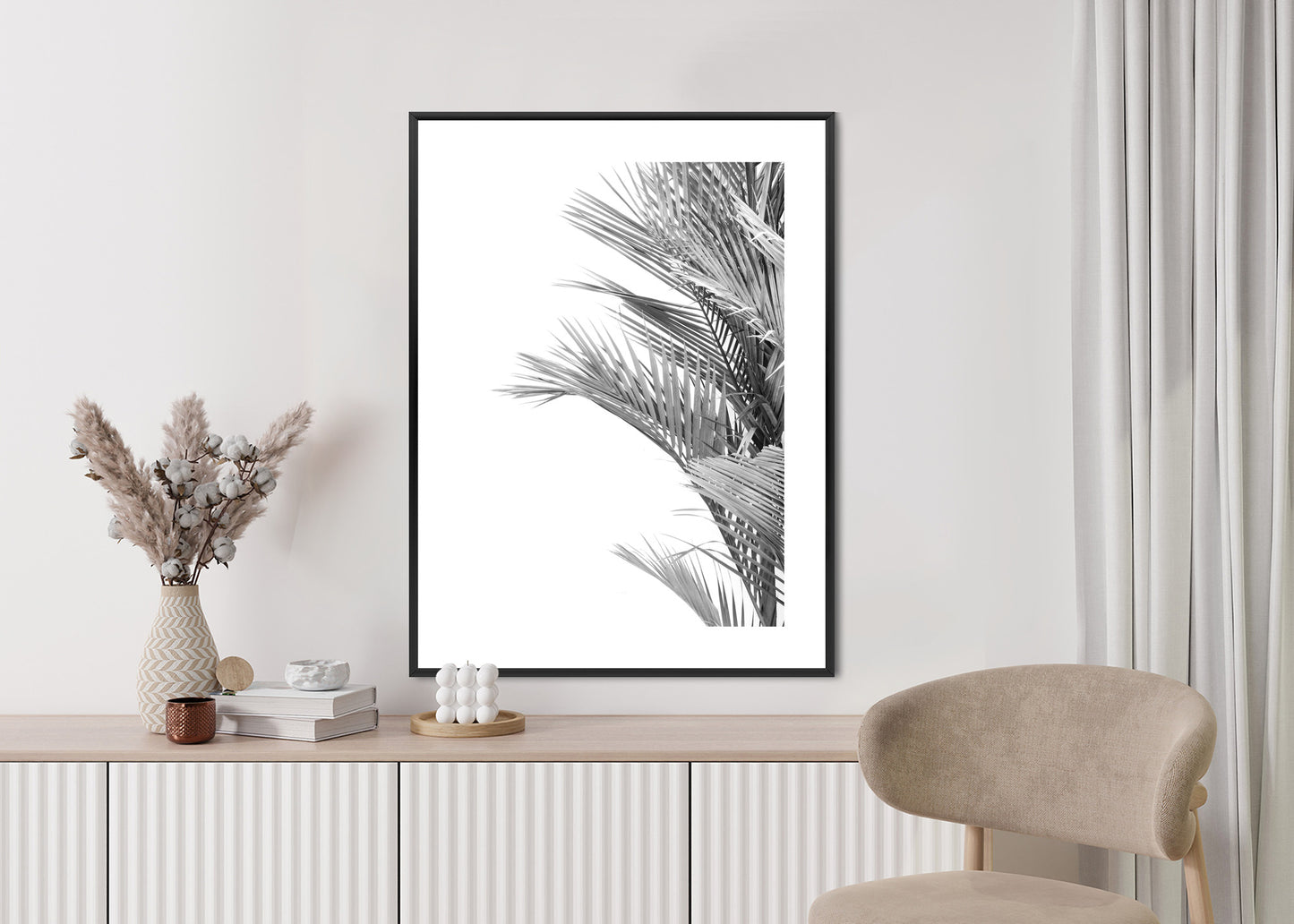 Poster Schwarze Und Weiße Palmblätter Rahmen Holz Mit Passepartout Farbe Natürlich