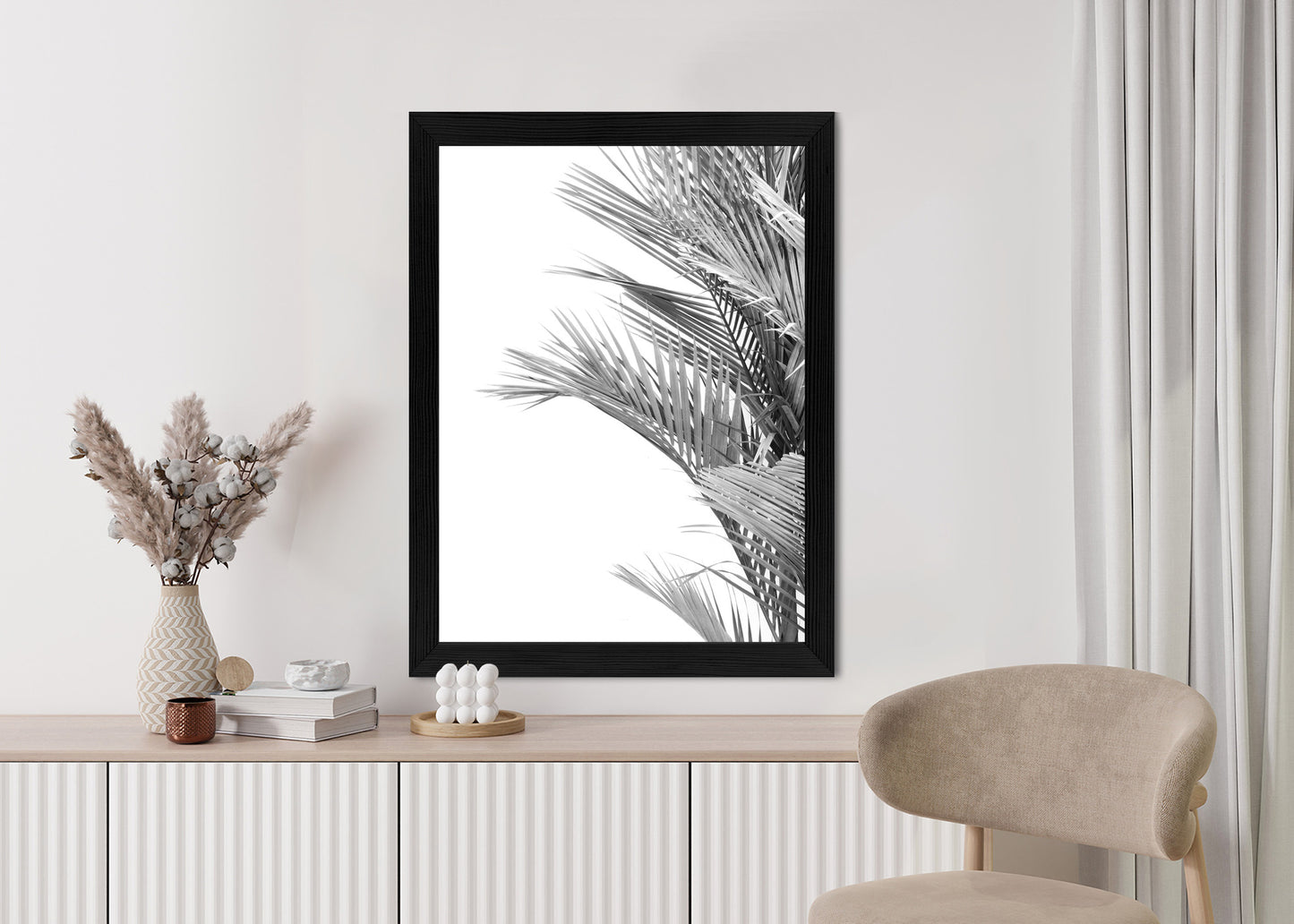 Poster Schwarze Und Weiße Palmblätter Rahmen Holz Mit Passepartout Farbe Natürlich