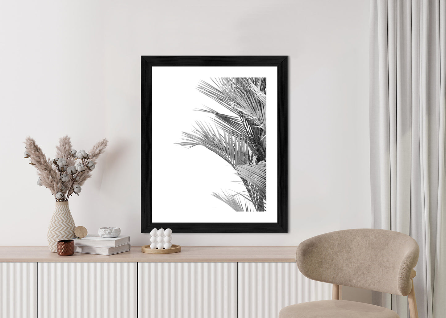 Poster Schwarze Und Weiße Palmblätter Rahmen Holz Mit Passepartout Farbe Natürlich
