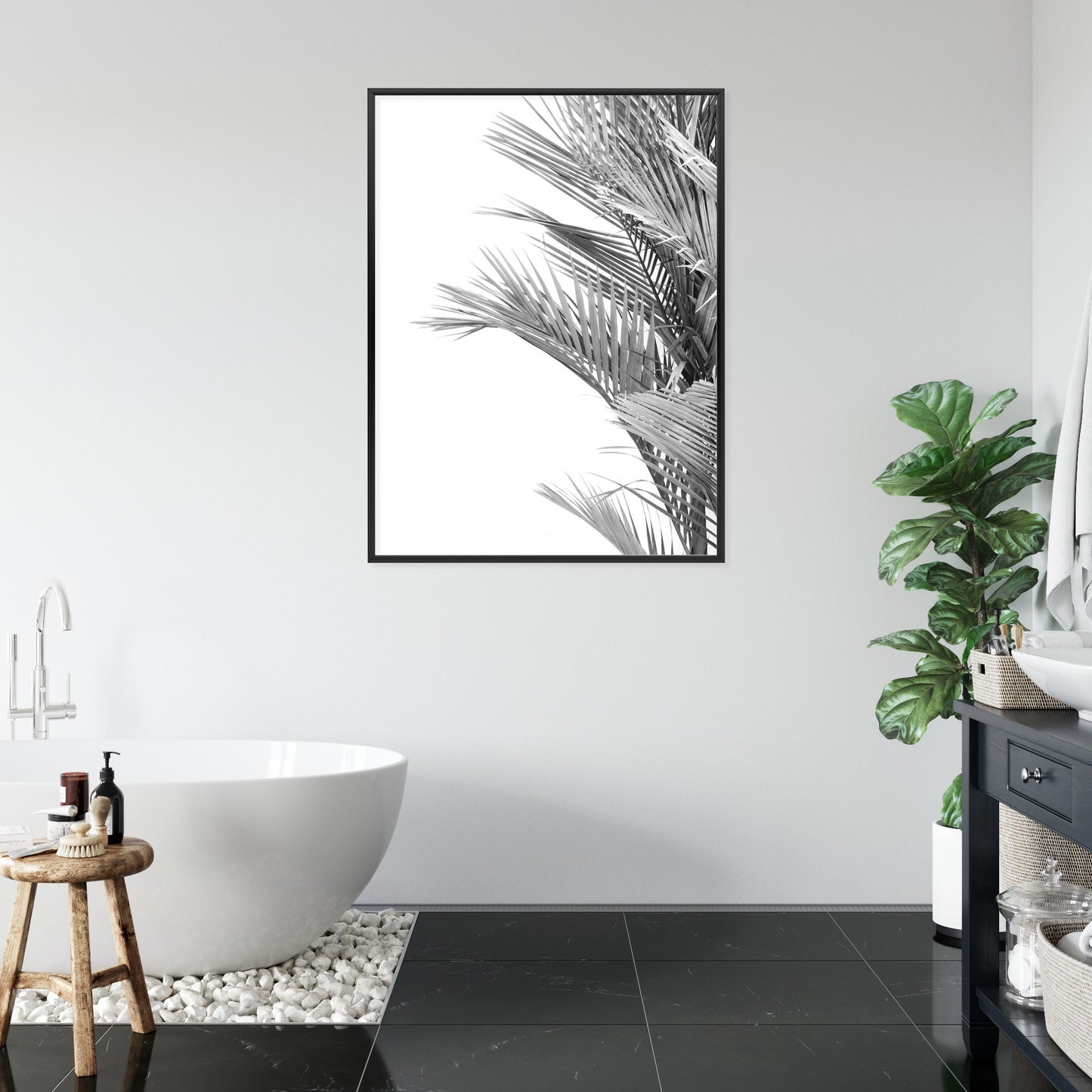 Poster Schwarze Und Weiße Palmblätter Rahmen Holz Mit Passepartout Farbe Natürlich