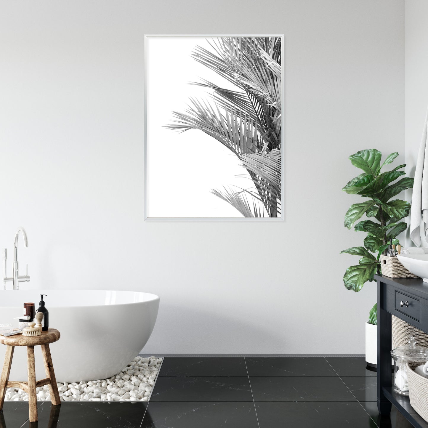Poster Schwarze Und Weiße Palmblätter Rahmen Holz Mit Passepartout Farbe Natürlich