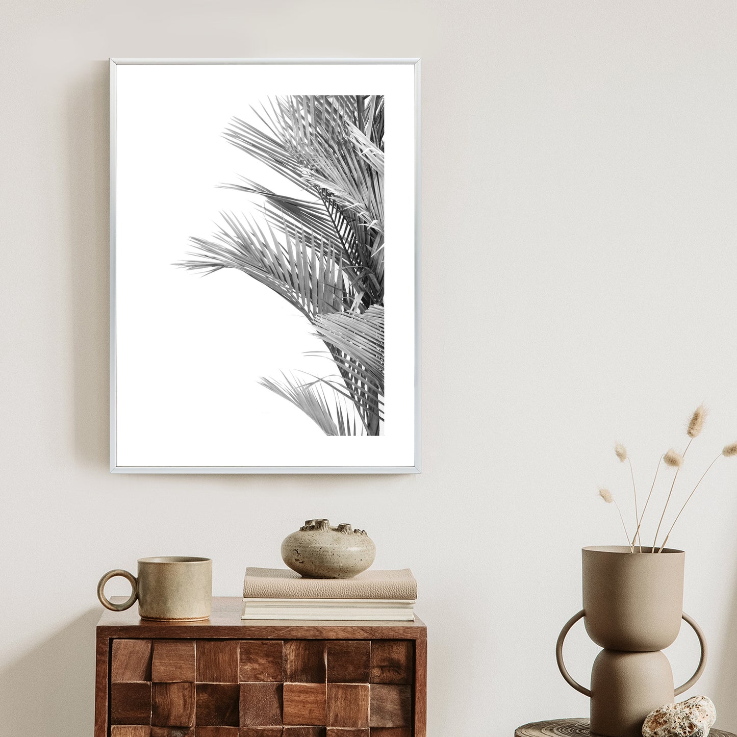 Poster Schwarze Und Weiße Palmblätter Rahmen Holz Mit Passepartout Farbe Natürlich