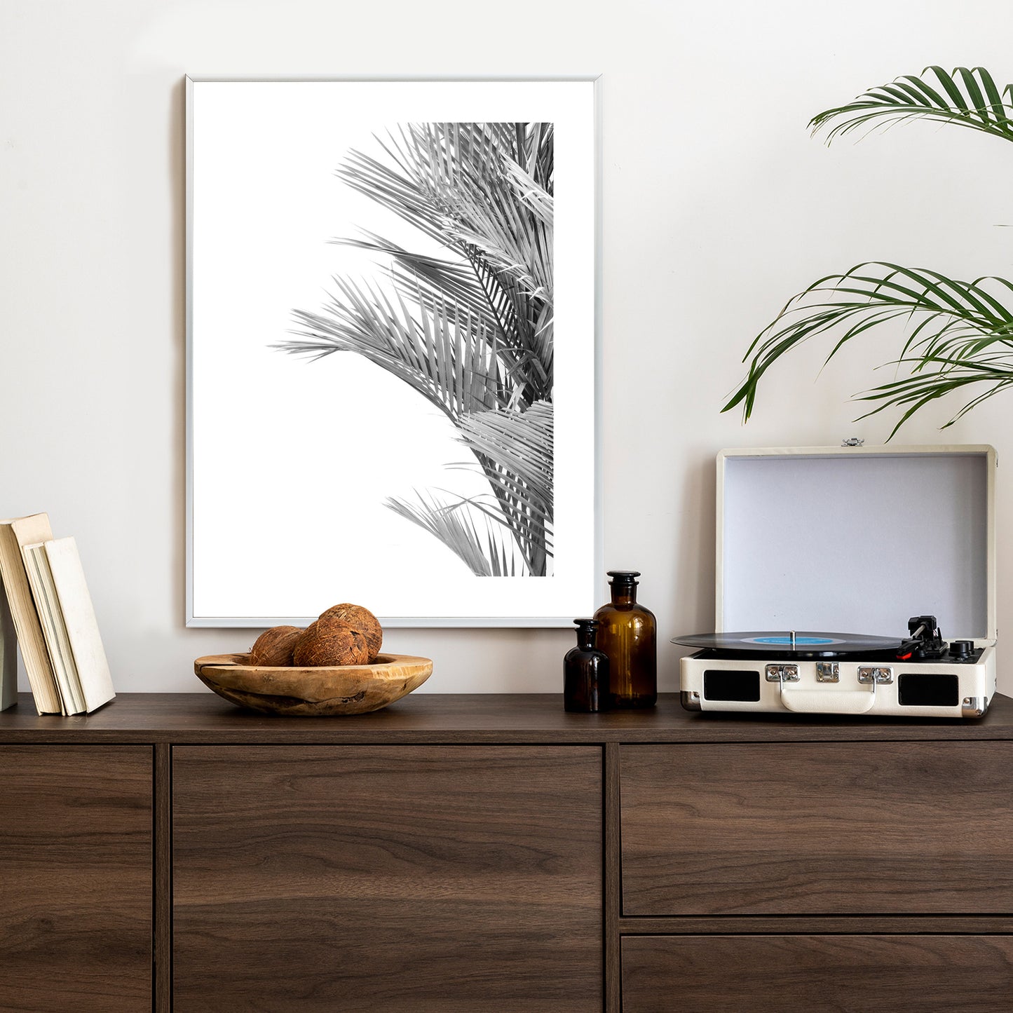 Poster Schwarze Und Weiße Palmblätter Rahmen Holz Mit Passepartout Farbe Natürlich