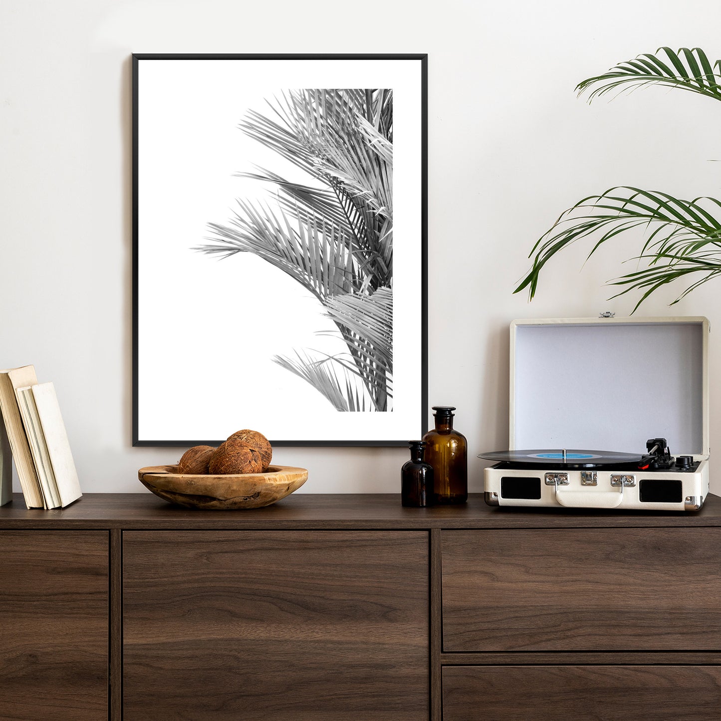 Poster Schwarze Und Weiße Palmblätter Rahmen Holz Mit Passepartout Farbe Natürlich