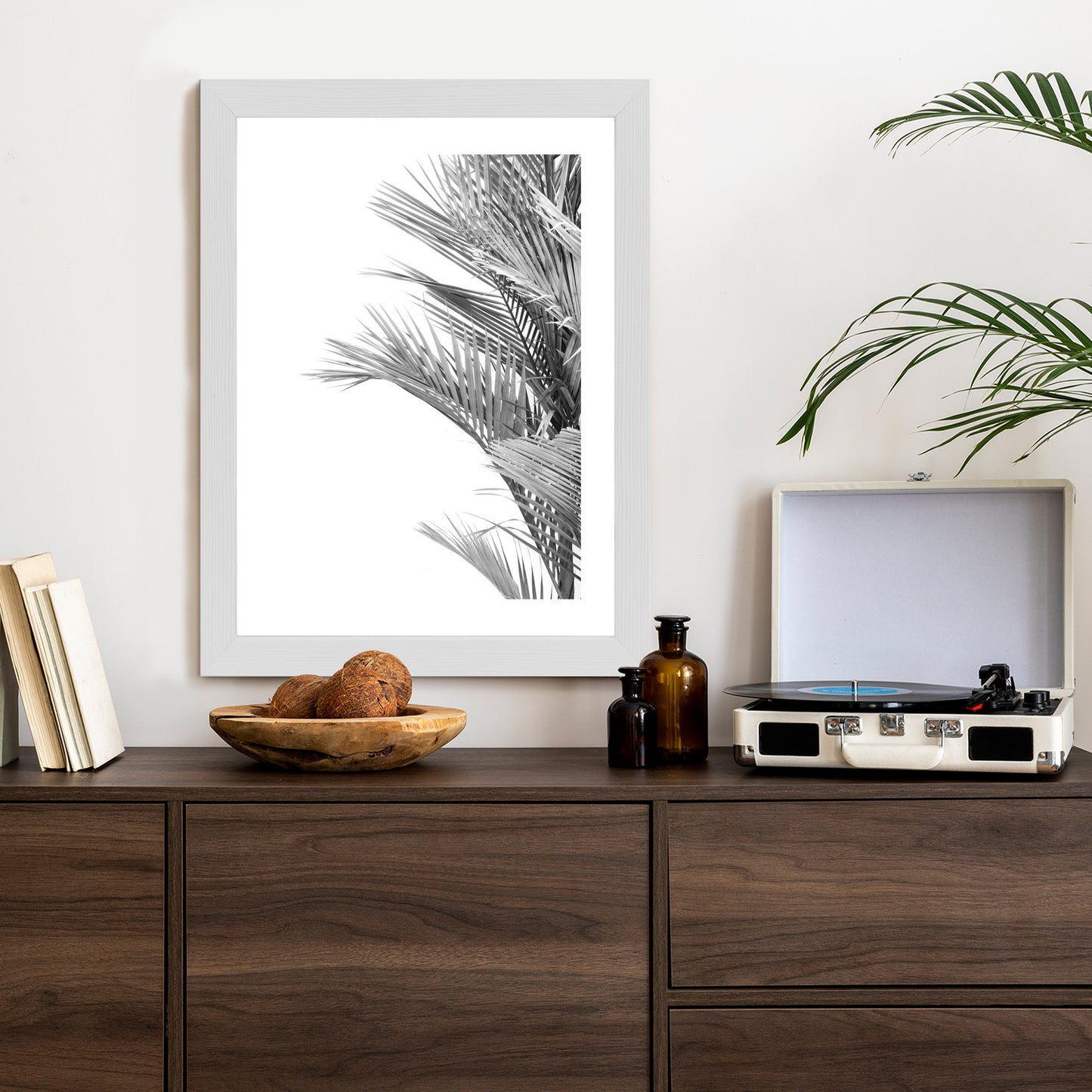 Poster Schwarze Und Weiße Palmblätter Rahmen Holz Mit Passepartout Farbe Natürlich