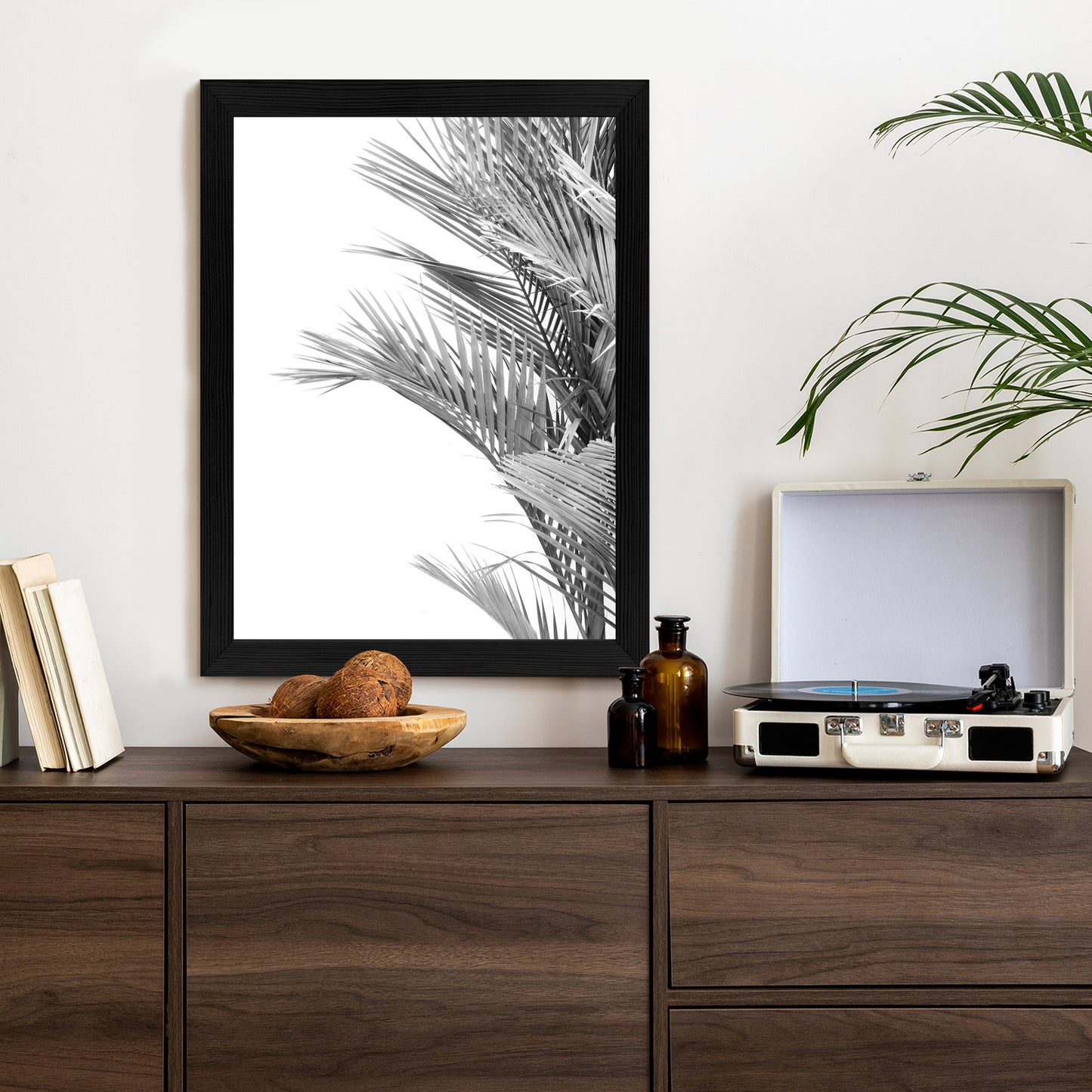 Poster Schwarze Und Weiße Palmblätter Rahmen Holz Mit Passepartout Farbe Natürlich