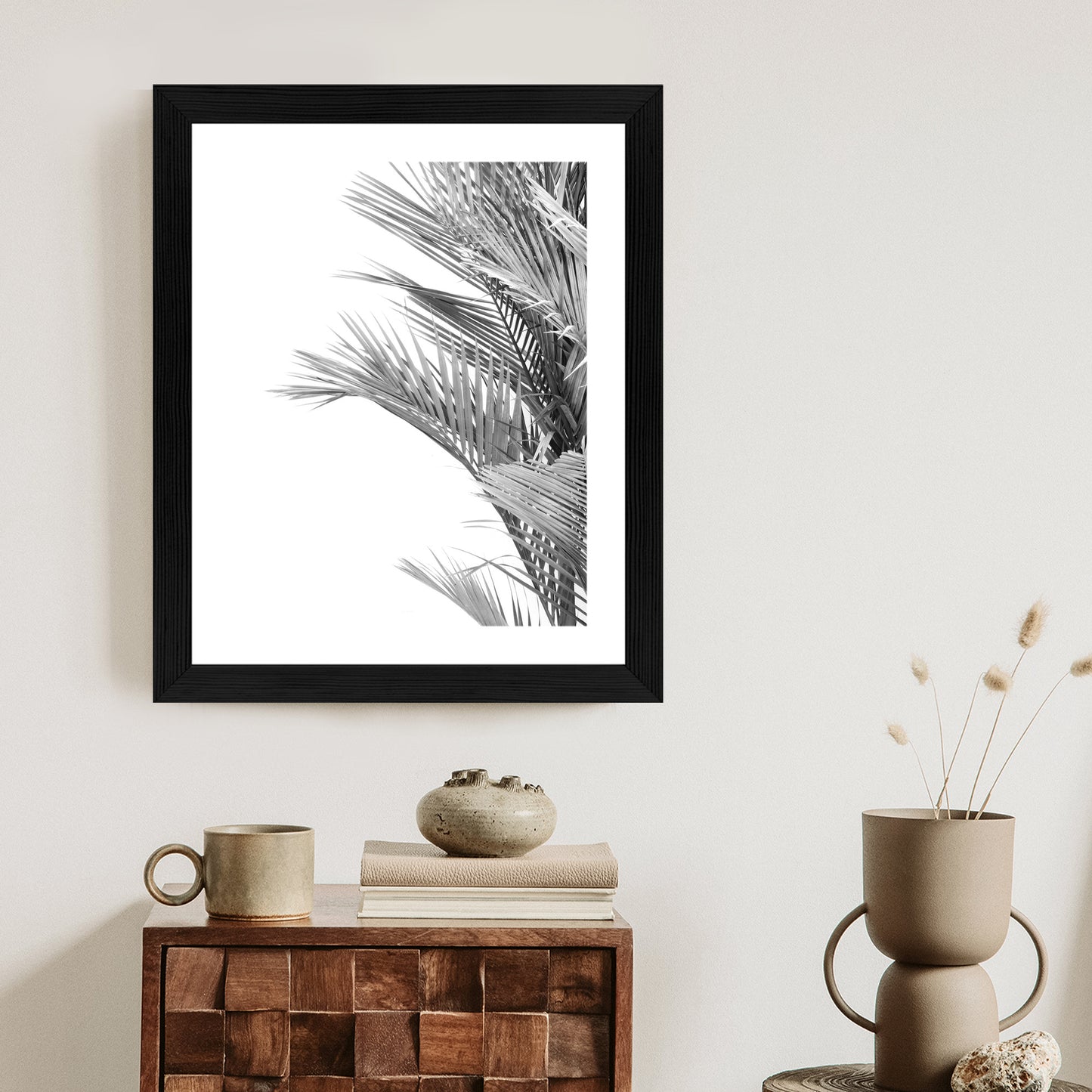 Poster Schwarze Und Weiße Palmblätter Rahmen Holz Mit Passepartout Farbe Natürlich