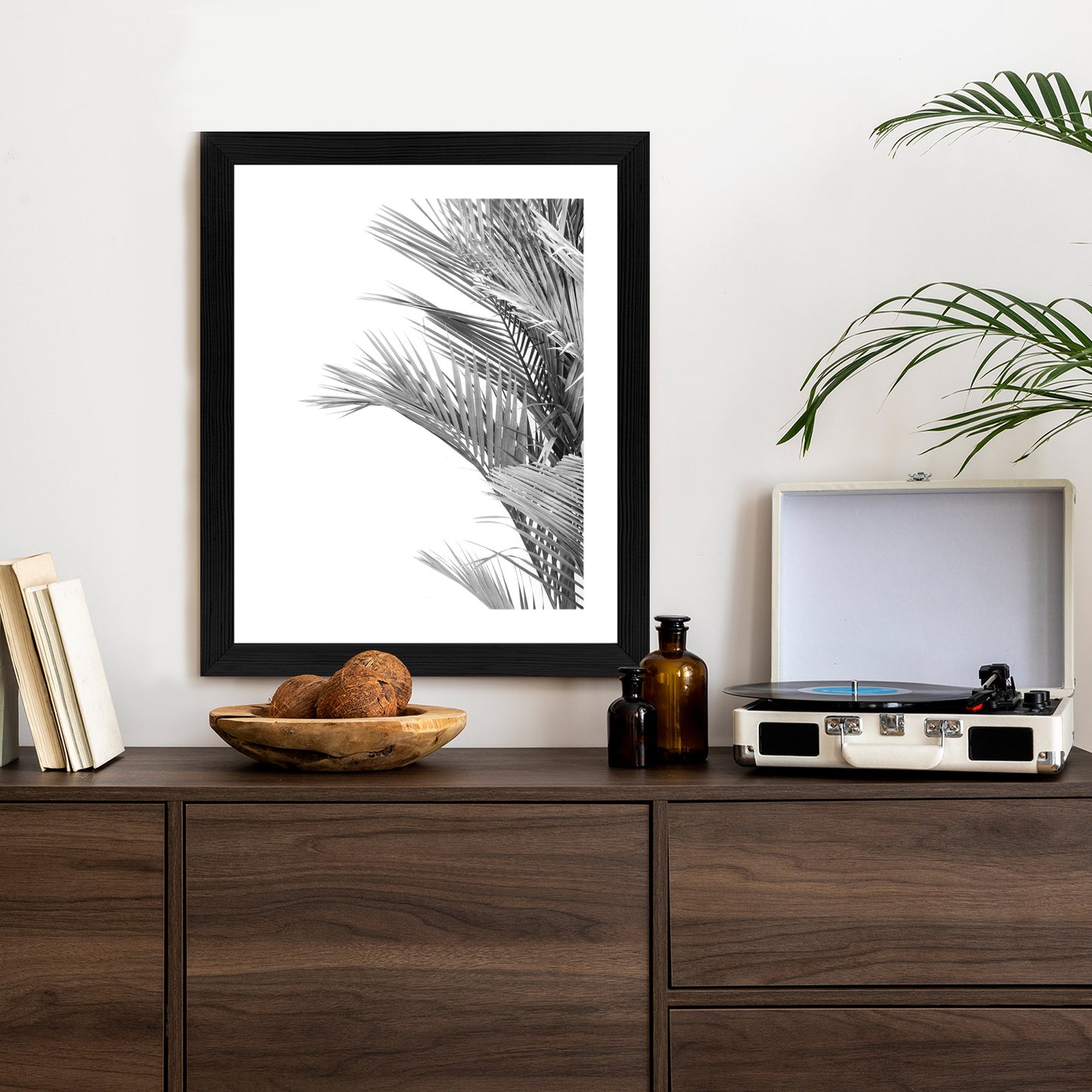 Poster Schwarze Und Weiße Palmblätter Rahmen Holz Mit Passepartout Farbe Natürlich