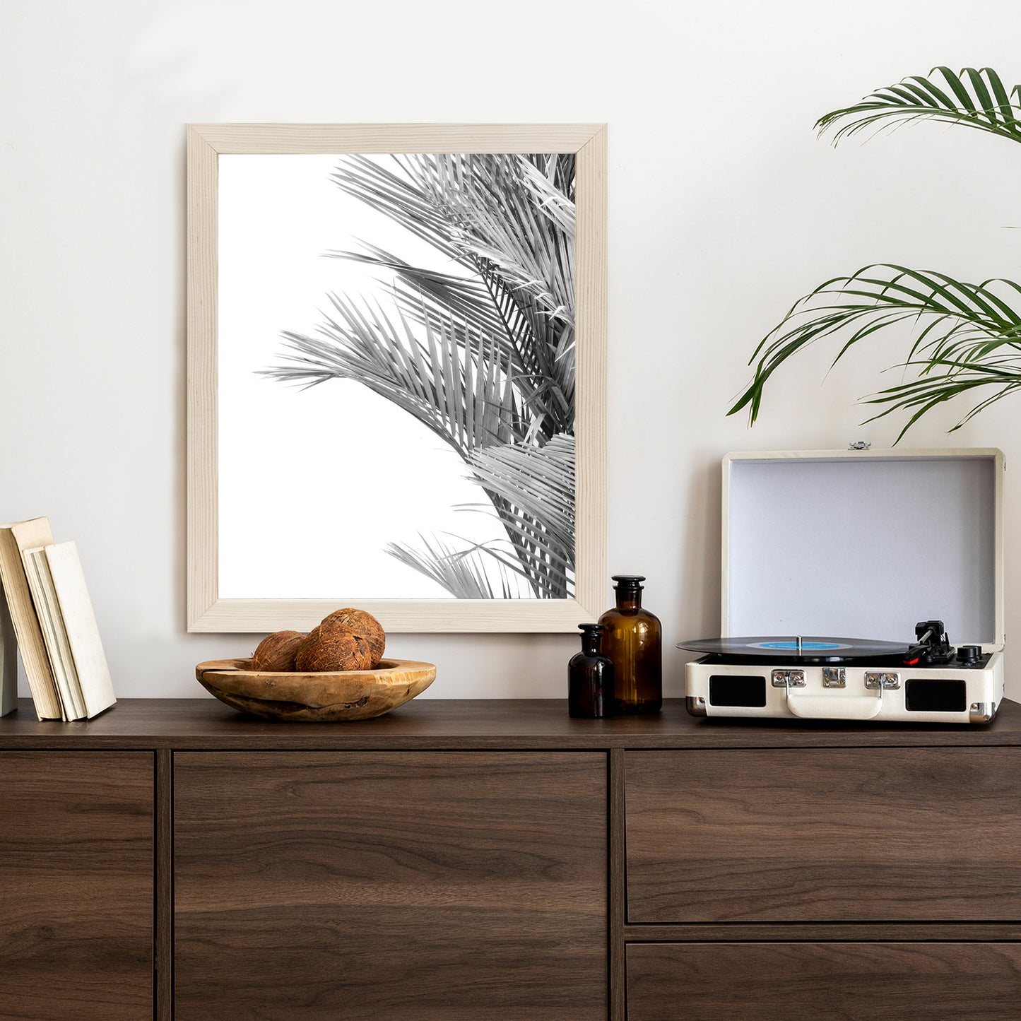 Poster Schwarze Und Weiße Palmblätter Rahmen Holz Mit Passepartout Farbe Natürlich