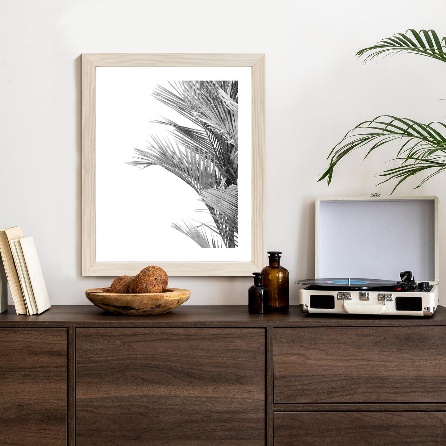 Poster Schwarze Und Weiße Palmblätter Rahmen Holz Mit Passepartout Farbe Natürlich