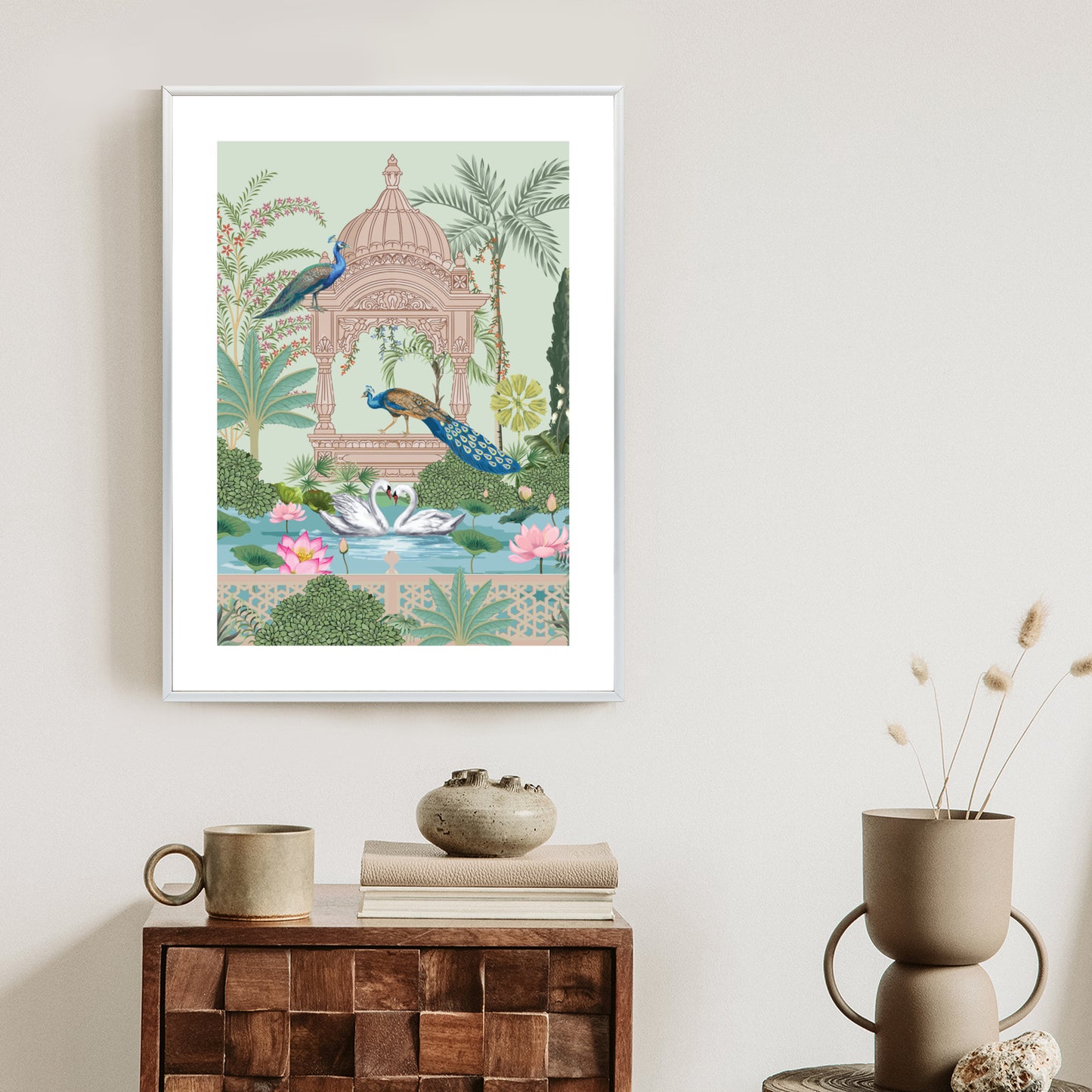 Poster Palast Der Pfauen Und Palmen Rahmen Holz Mit Passepartout Farbe Natürlich