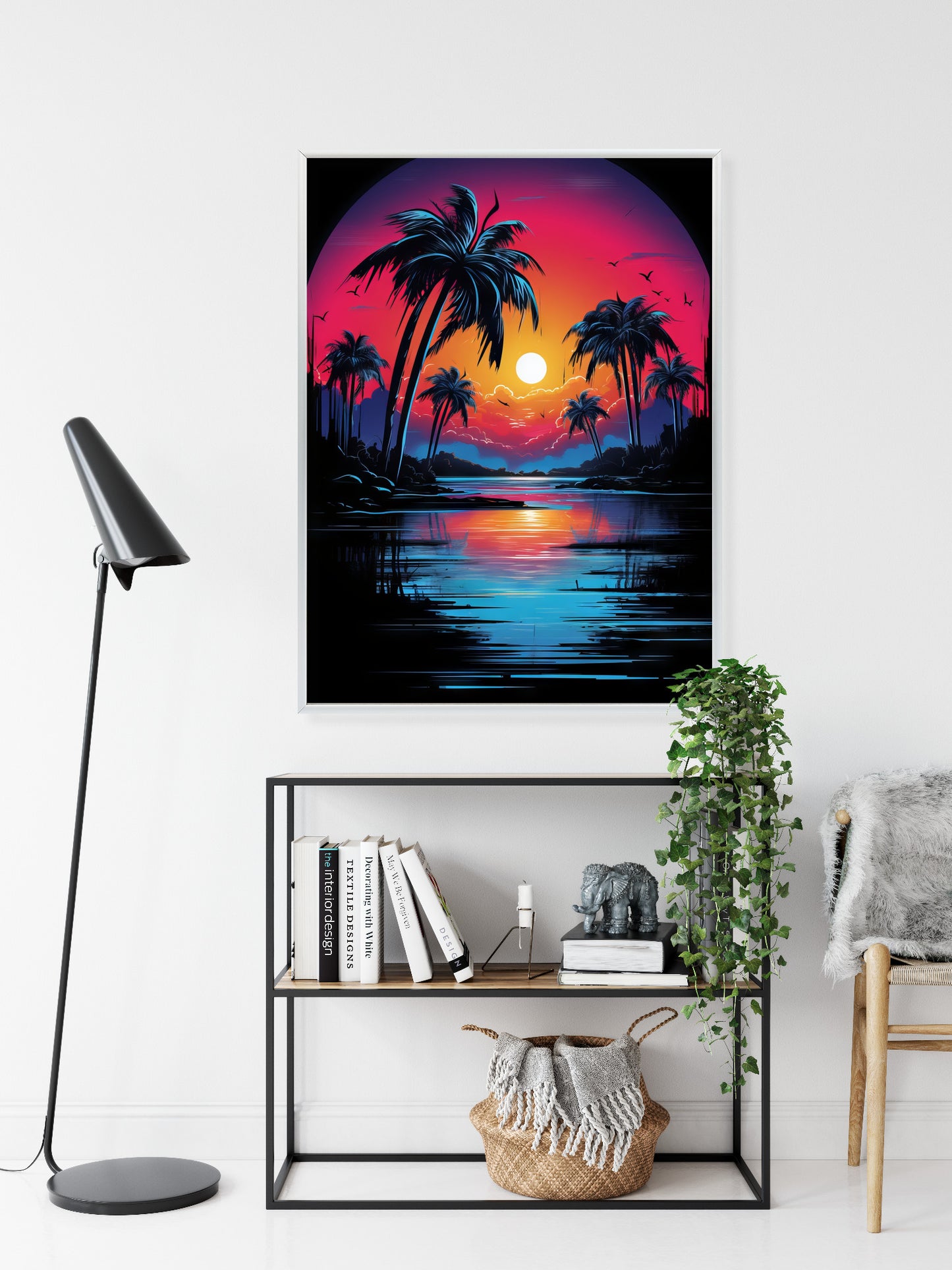 Poster Tropischer Sonnenuntergang Und Palmen Rahmen Holz Mit Passepartout Farbe Natürlich