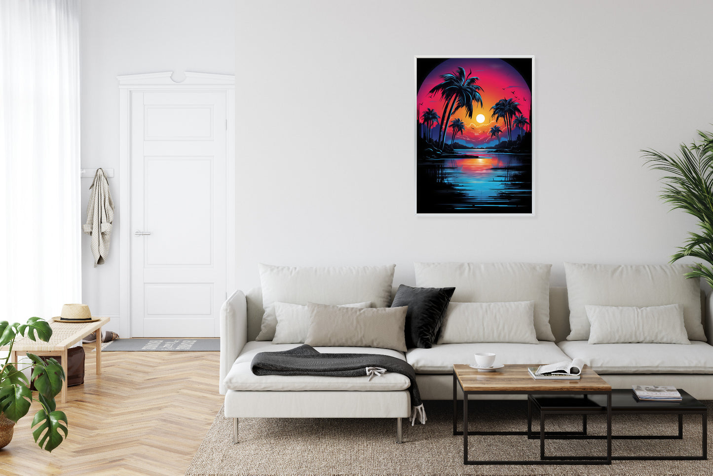 Poster Tropischer Sonnenuntergang Und Palmen Rahmen Holz Mit Passepartout Farbe Natürlich