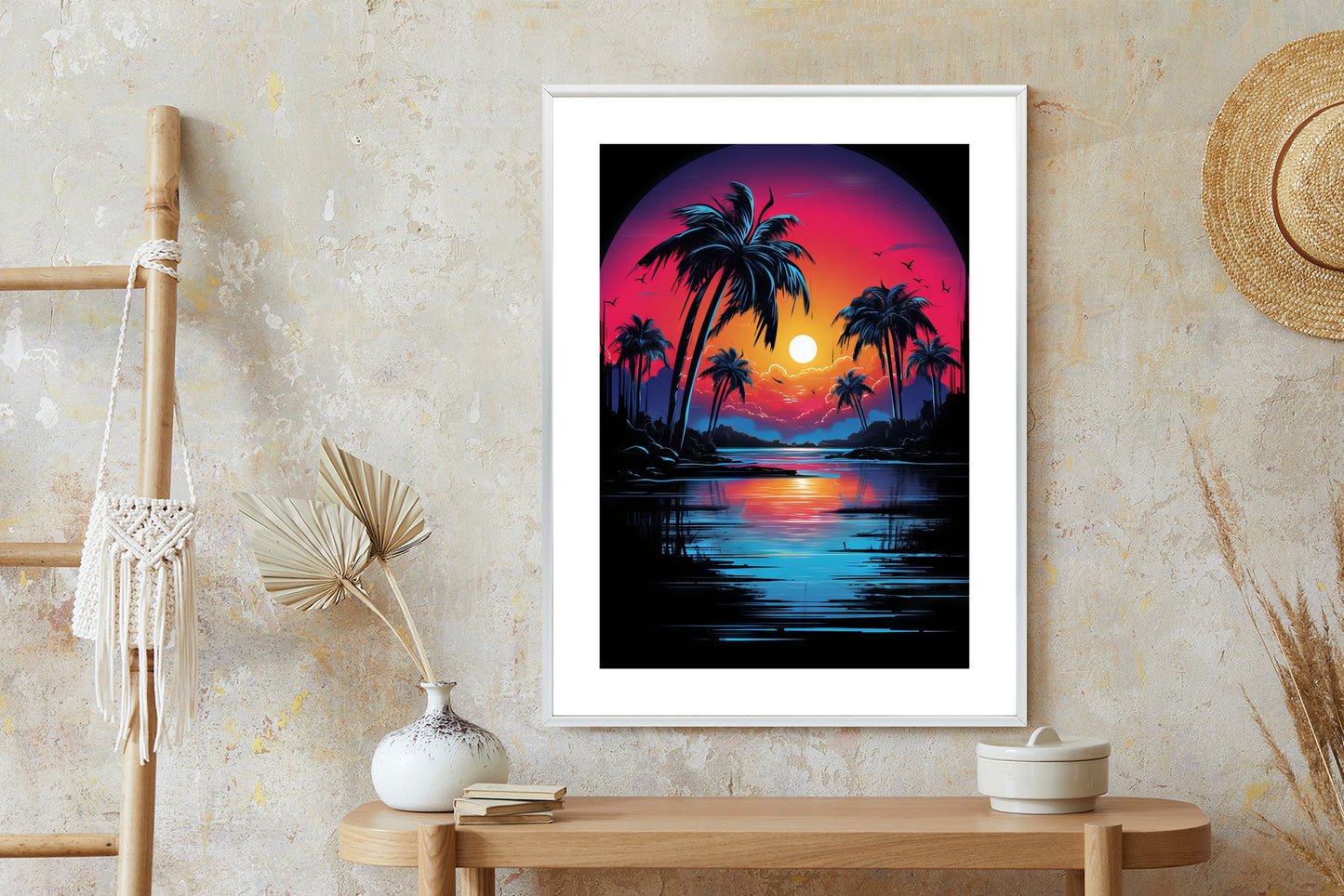 Poster Tropischer Sonnenuntergang Und Palmen Rahmen Holz Mit Passepartout Farbe Natürlich