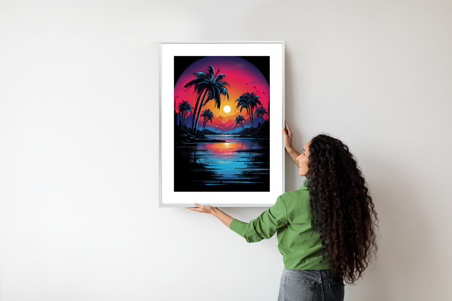 Poster Tropischer Sonnenuntergang Und Palmen Rahmen Holz Mit Passepartout Farbe Natürlich