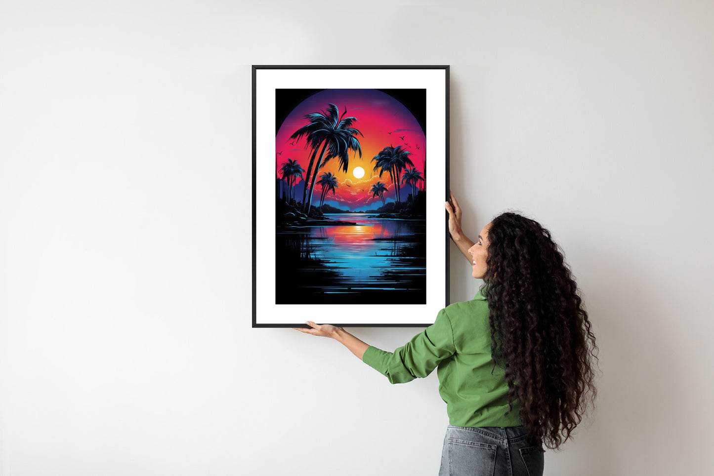 Poster Tropischer Sonnenuntergang Und Palmen Rahmen Holz Mit Passepartout Farbe Natürlich