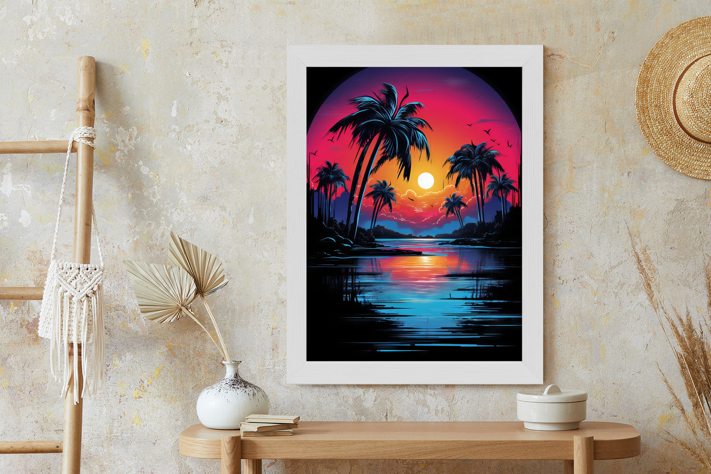 Poster Tropischer Sonnenuntergang Und Palmen Rahmen Holz Mit Passepartout Farbe Natürlich