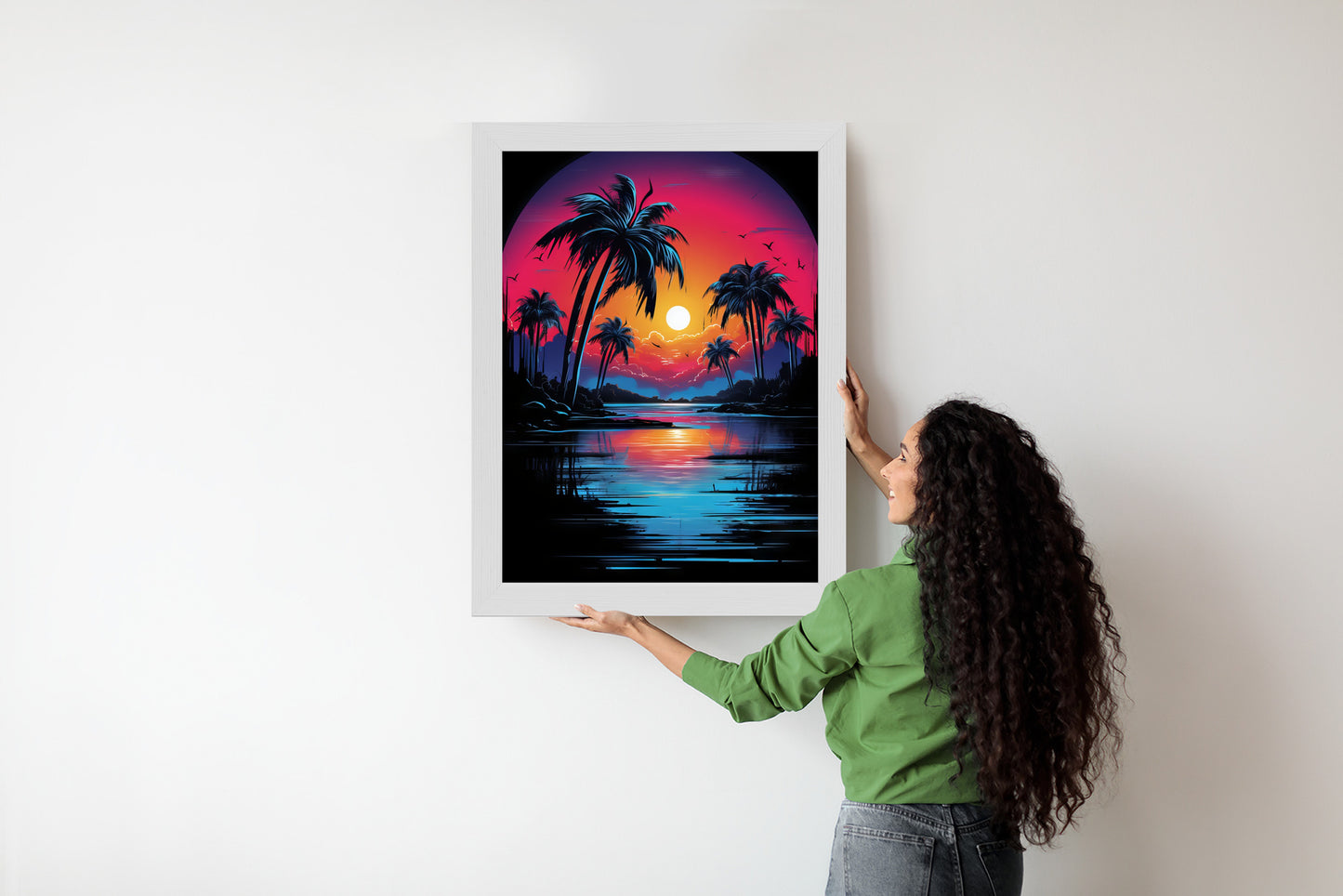 Poster Tropischer Sonnenuntergang Und Palmen Rahmen Holz Mit Passepartout Farbe Natürlich