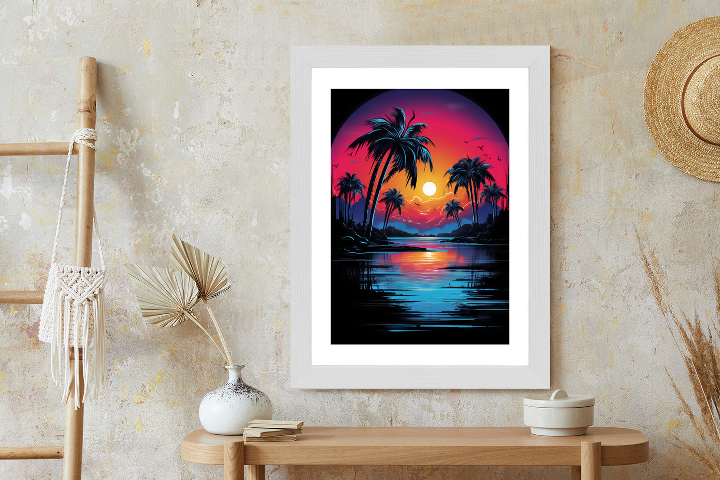 Poster Tropischer Sonnenuntergang Und Palmen Rahmen Holz Mit Passepartout Farbe Natürlich