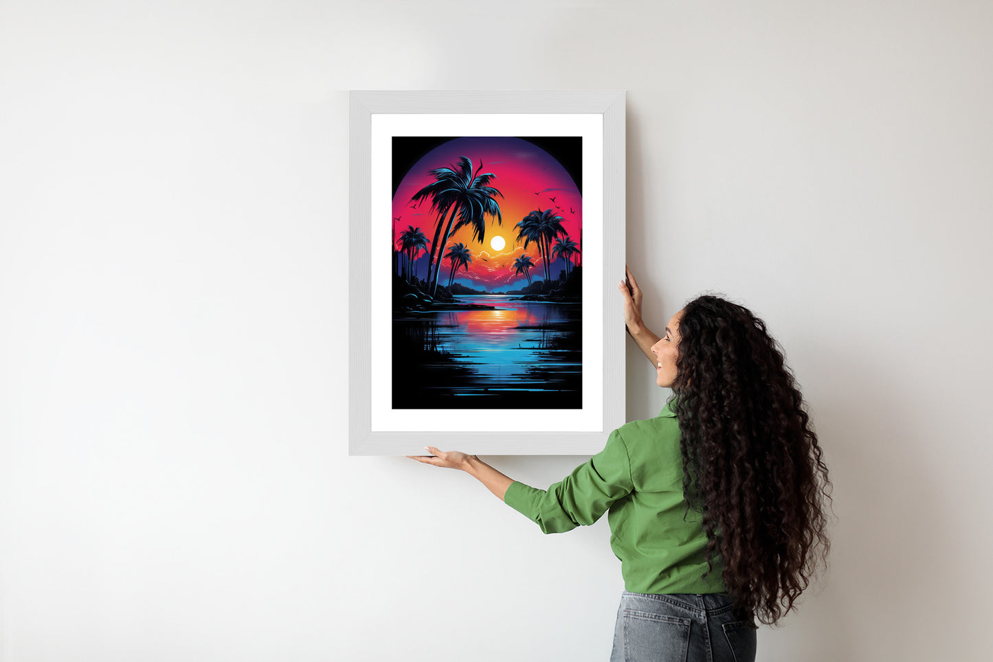 Poster Tropischer Sonnenuntergang Und Palmen Rahmen Holz Mit Passepartout Farbe Natürlich