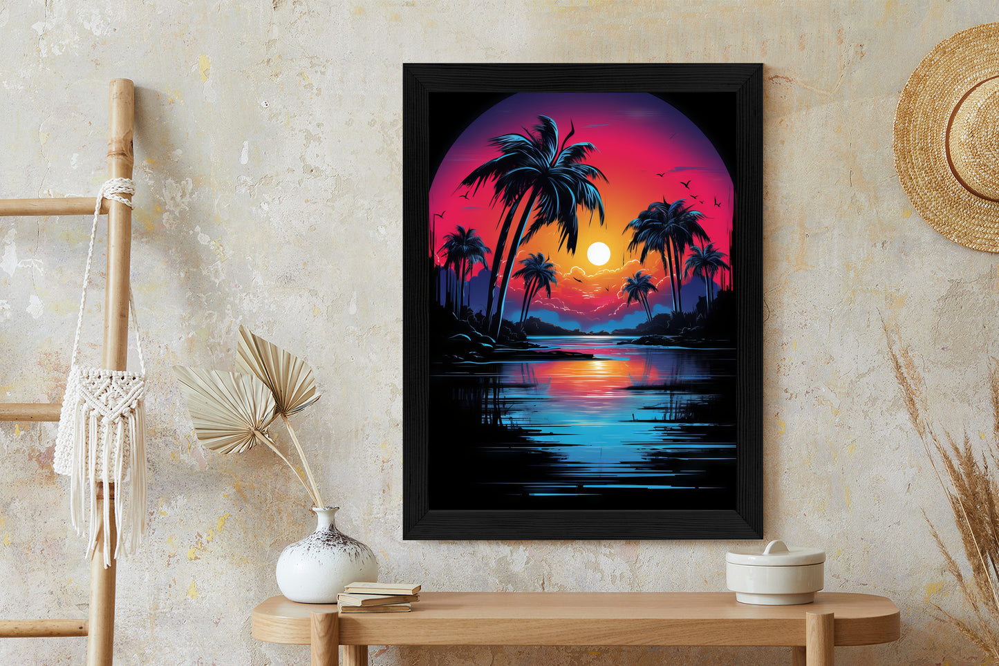 Poster Tropischer Sonnenuntergang Und Palmen Rahmen Holz Mit Passepartout Farbe Natürlich