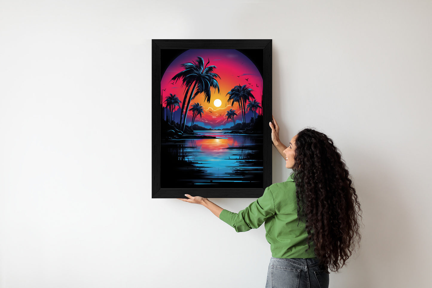 Poster Tropischer Sonnenuntergang Und Palmen Rahmen Holz Mit Passepartout Farbe Natürlich