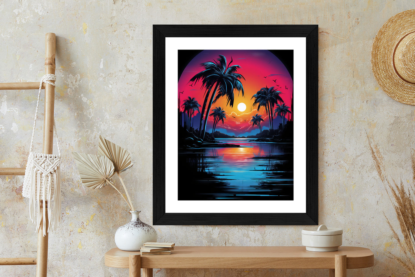 Poster Tropischer Sonnenuntergang Und Palmen Rahmen Holz Mit Passepartout Farbe Natürlich