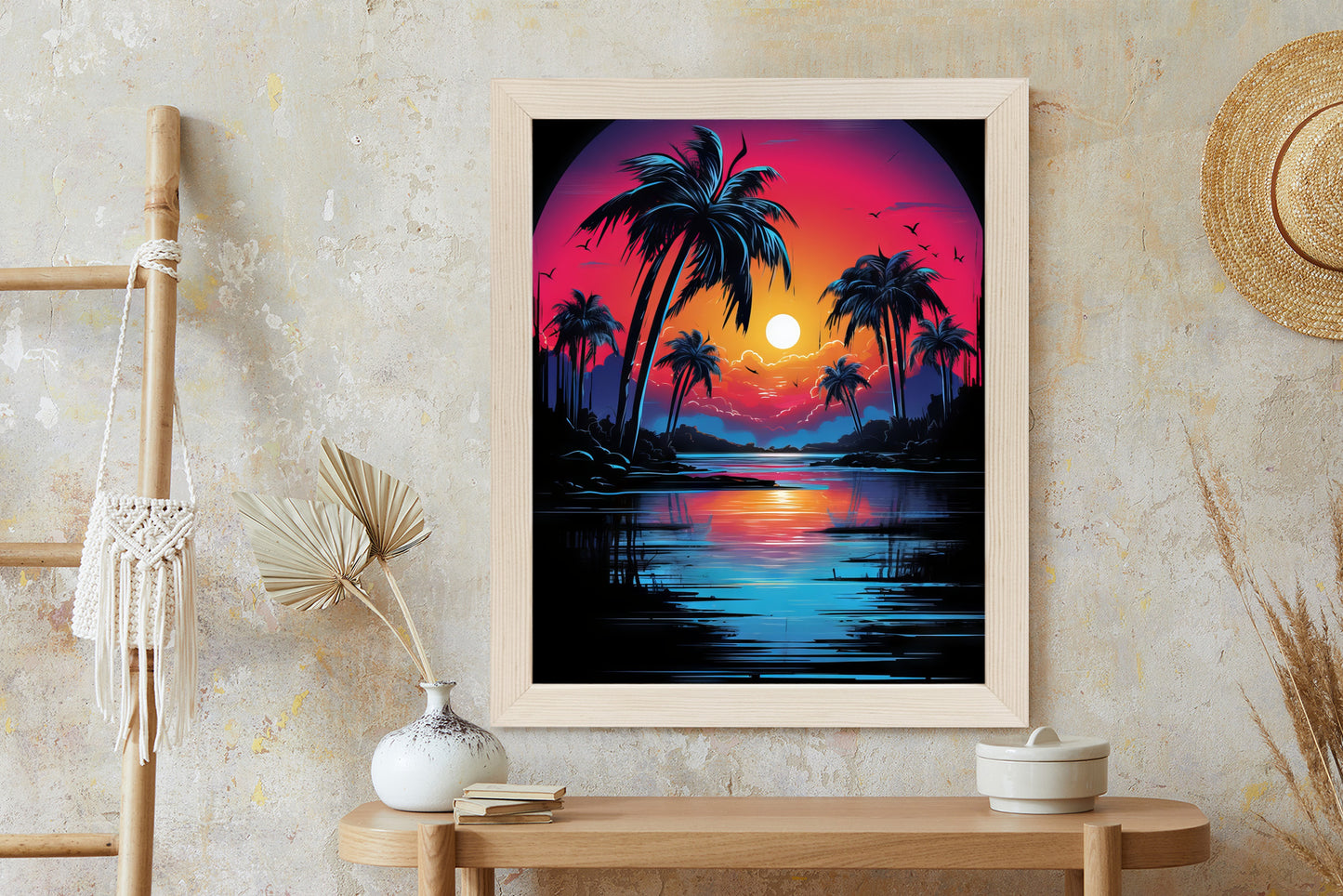 Poster Tropischer Sonnenuntergang Und Palmen Rahmen Holz Mit Passepartout Farbe Natürlich