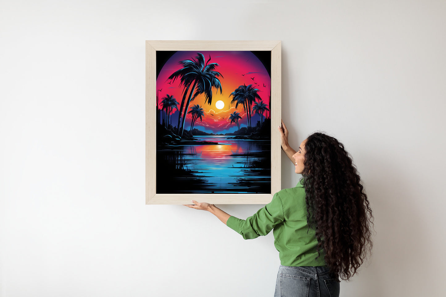 Poster Tropischer Sonnenuntergang Und Palmen Rahmen Holz Mit Passepartout Farbe Natürlich