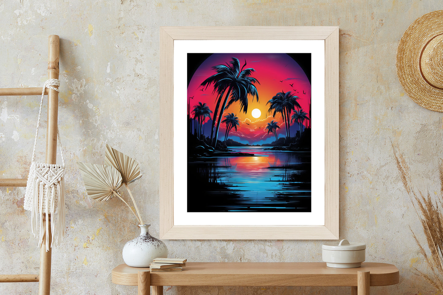 Poster Tropischer Sonnenuntergang Und Palmen Rahmen Holz Mit Passepartout Farbe Natürlich