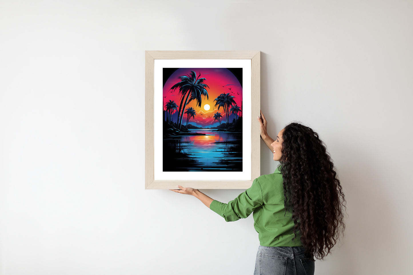 Poster Tropischer Sonnenuntergang Und Palmen Rahmen Holz Mit Passepartout Farbe Natürlich