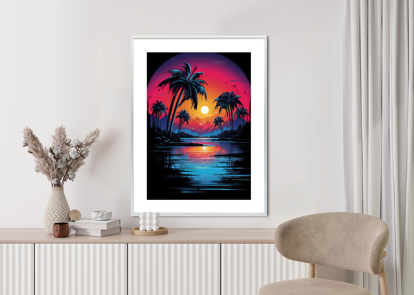 Poster Tropischer Sonnenuntergang Und Palmen Rahmen Holz Mit Passepartout Farbe Natürlich